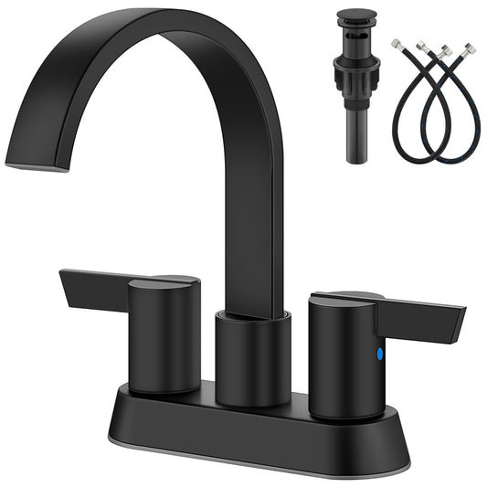 Aolemi Bathroom Faucets for Sink 3 Hole,4 Inch Centerset Waterfall Faucet 2 Handle for Bathroom Sink with Pop-Up Drain and Supply Lines Matte Black
