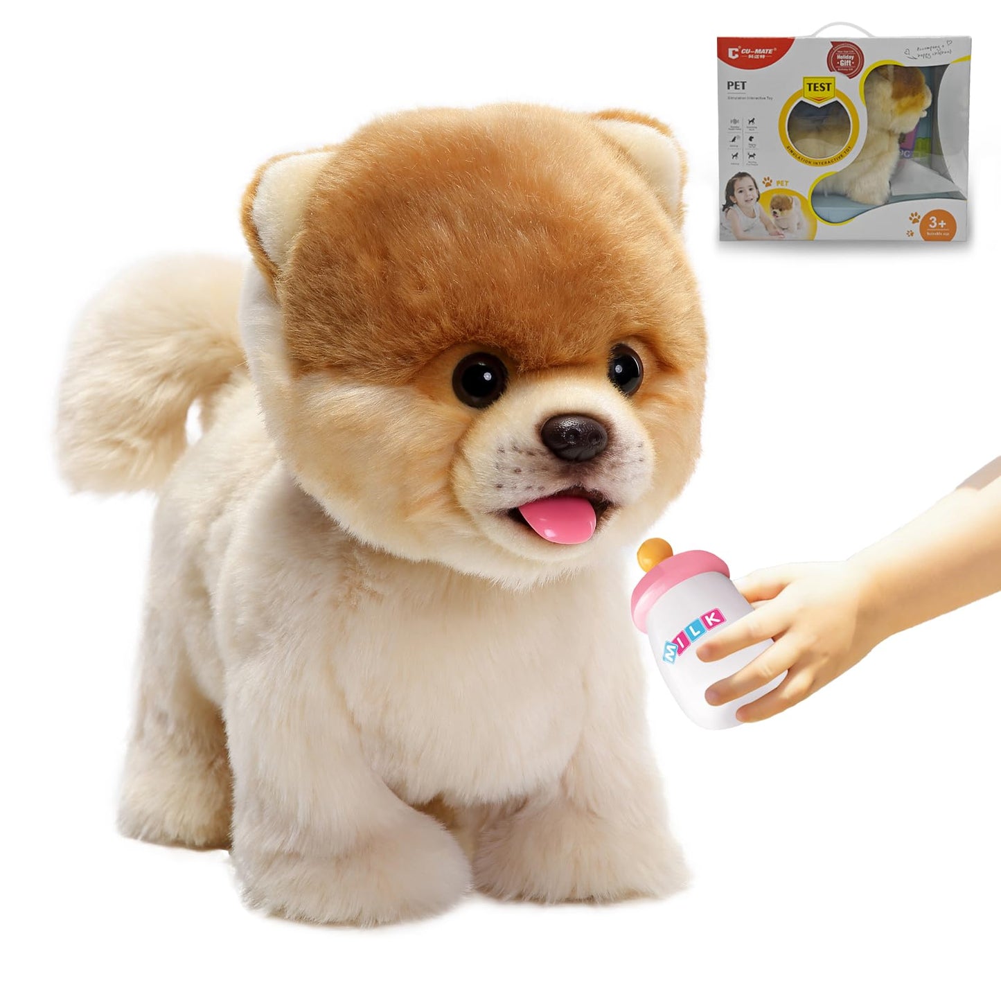 CU-MATE Plush Interactive Pomeranian Dog-Realistic Puppy Electronic Toy Dog with Walking/Barking/Wagging Tail/Talking- Robotic Pet Toy Present for Toddler Girls Boys