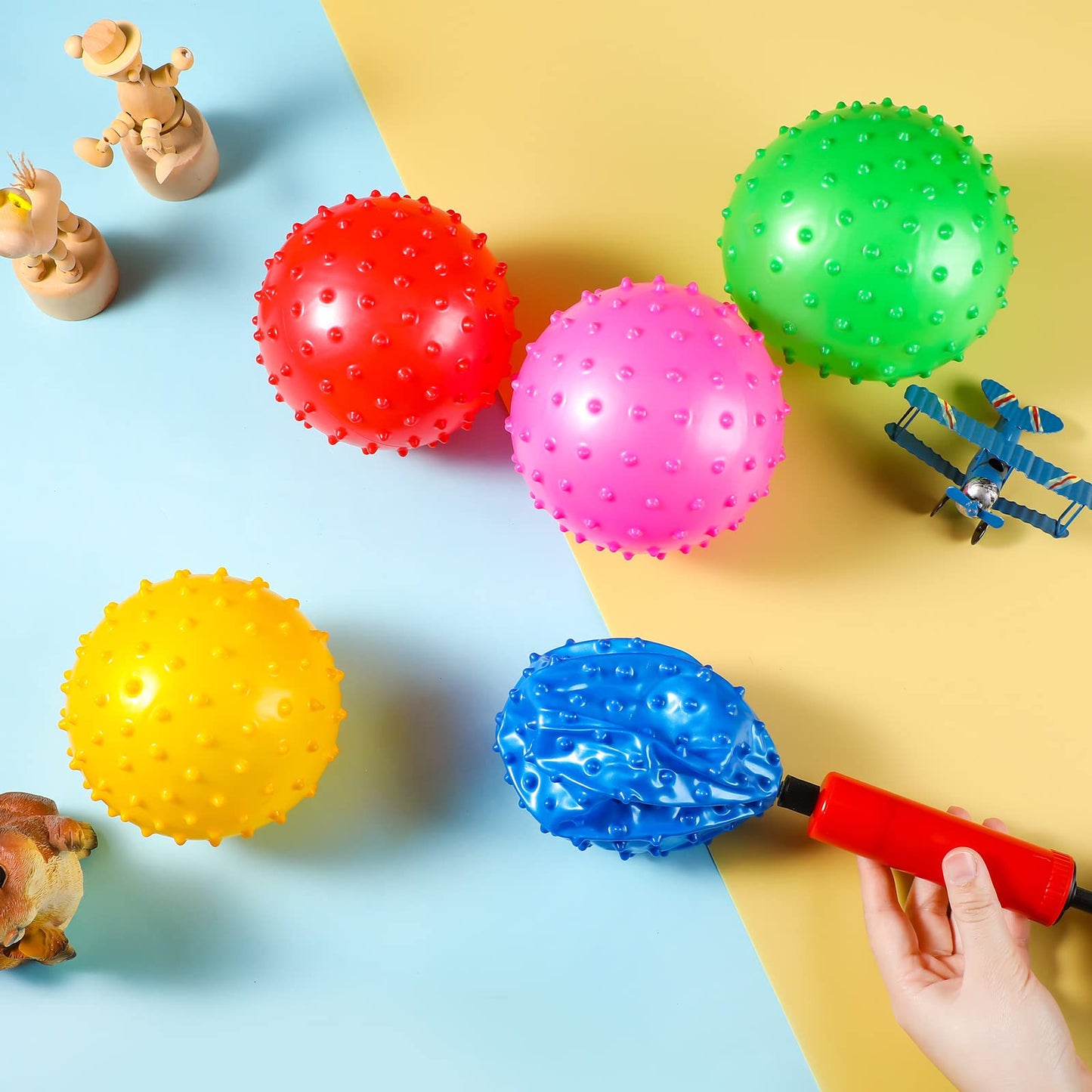 64 Pieces 6.3 Inch Knobby Balls for Kids Sensory Balls with Air Pump Small Inflatable Bouncy Soft Spiky Toddler Bounce Party Favors Summer Beach Pool Baby Massage Stress Play Set, 5 Colors