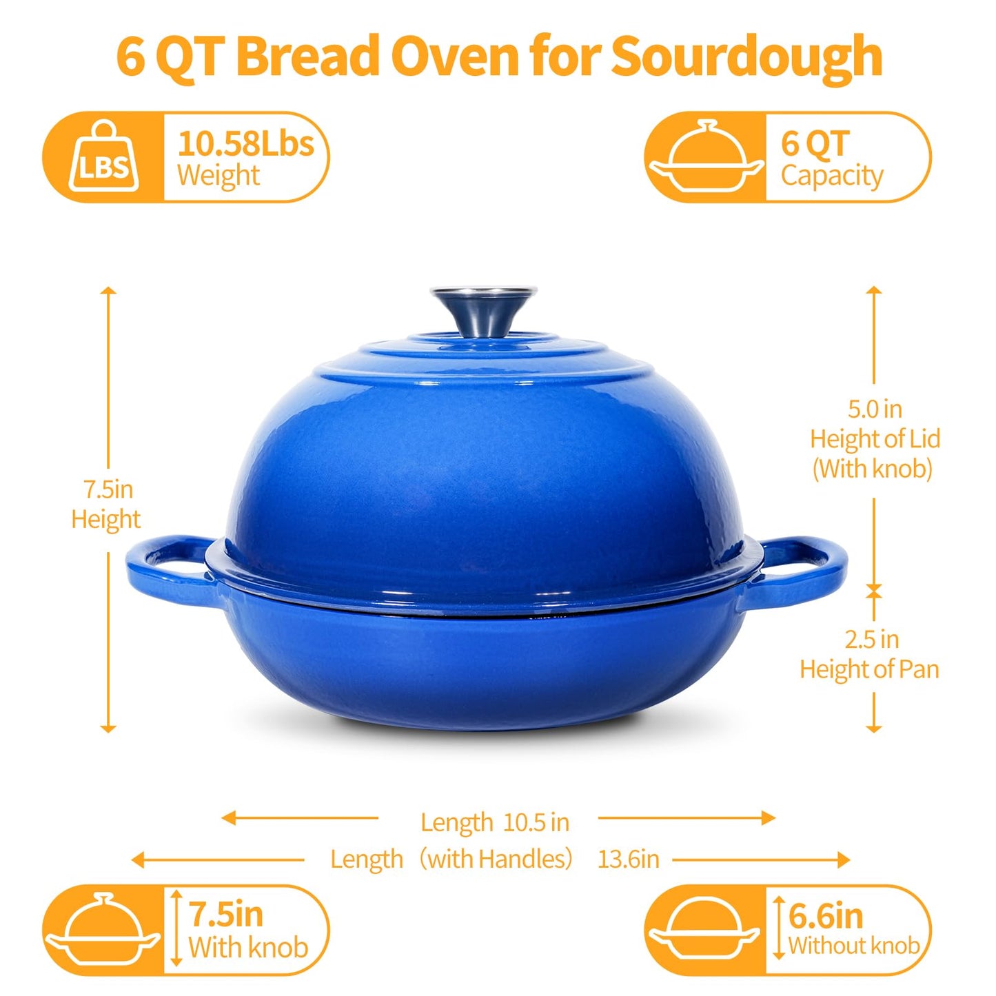 ONKO Dutch Oven For Sourdough Bread Baking, 6QT Enameled Cast Iron Dutch Oven Pot With Lid, Non-stick Sourdough Baking Pan with Bread Dome, Round Ceramic Dutch Ovens Pot with Cloche for Homemade