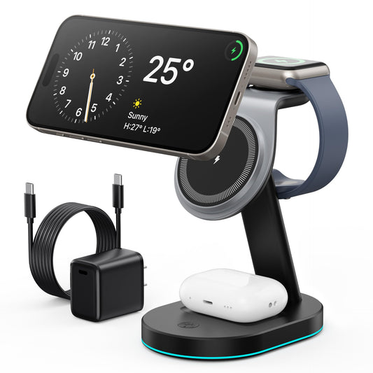 4 in 1 Wireless Charger Charging Station for iPhone,Qi2 Certified 15W Magnetic Charging Stand for Mag-Safe with 30W USB C Adapter&Friendly Night Light for iPhone 16/15/14/13/12,Apple Watch,AirPods