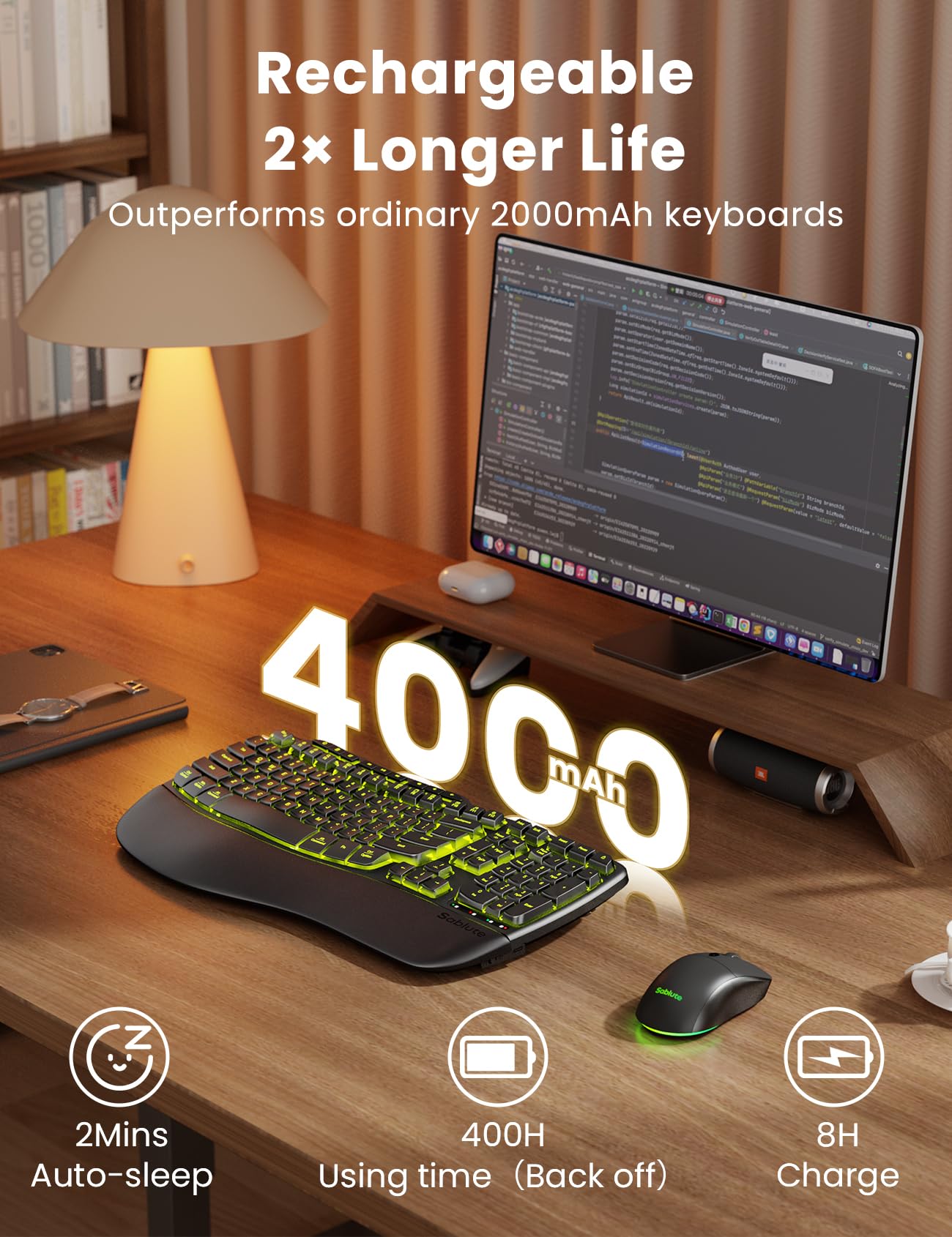 Ergonomic Wireless Keyboard and Mouse Combo, Rechargeable 4000mAh Backlit Keyboard with a Soft, Faux Lambskin Palm Rest, Wave Keys for Natural Typing, Compatible with Windows/Mac/Chromes OS—SABLUTE
