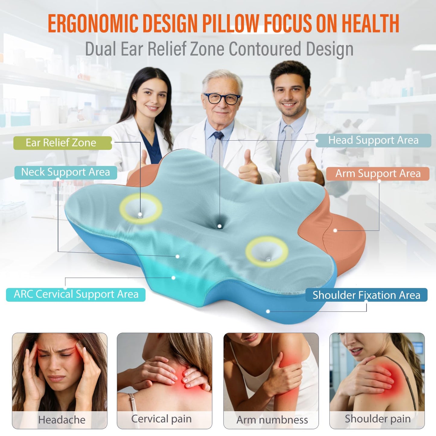 CCidea Dual Ear Relief Zone Contour Pillow, Ice Silk Satin Cervical Memory Foam Pillow for Sleeping, Ergonomic Neck Support for Side, Back & Stomach Sleepers (Grey-Pillow)