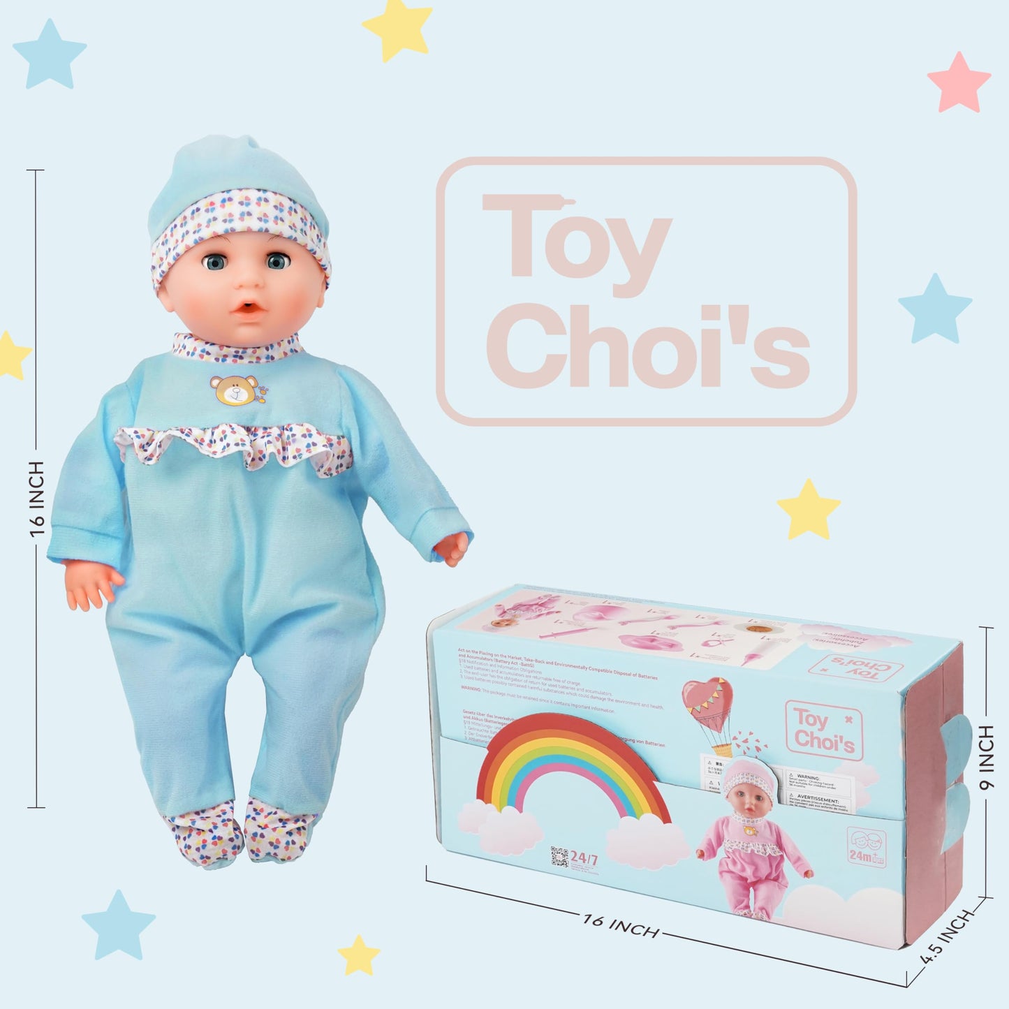 Toy Choi's Interactive Baby Doll - 40cm Crying Talking Feeding Soft Body Dolls for 2+ Year Old with Bottle Pacifier and Accessories, Pretent Play Preschool Gifts for Girls Boys, Blue