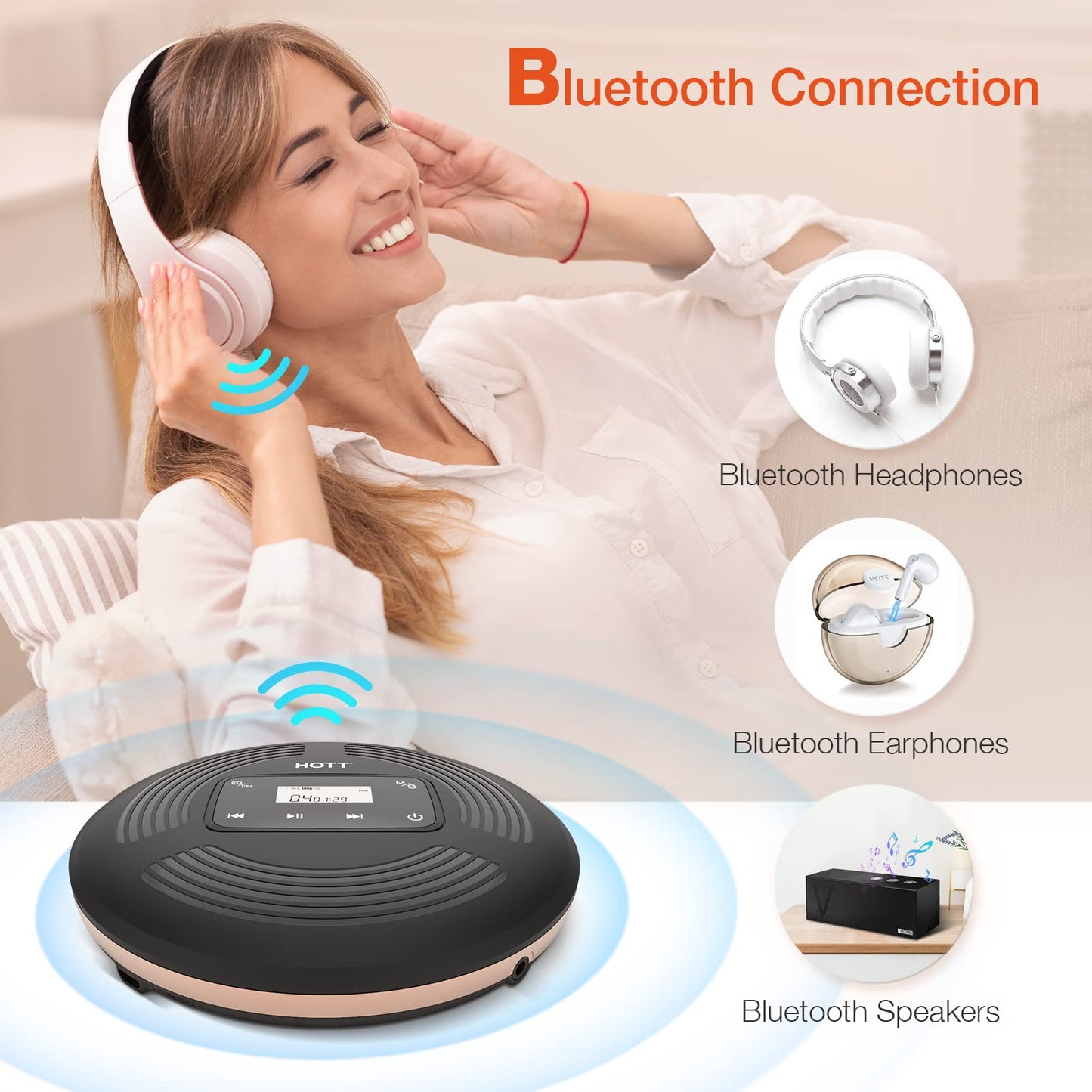 HOTT Portable CD Player with Bluetooth and FM Transmitter,Portable CD Walkman with Touch Buttons Backlight,Rechargeable Discman Player with AUX Cable,CD Player Shockproof for Car CD903TF