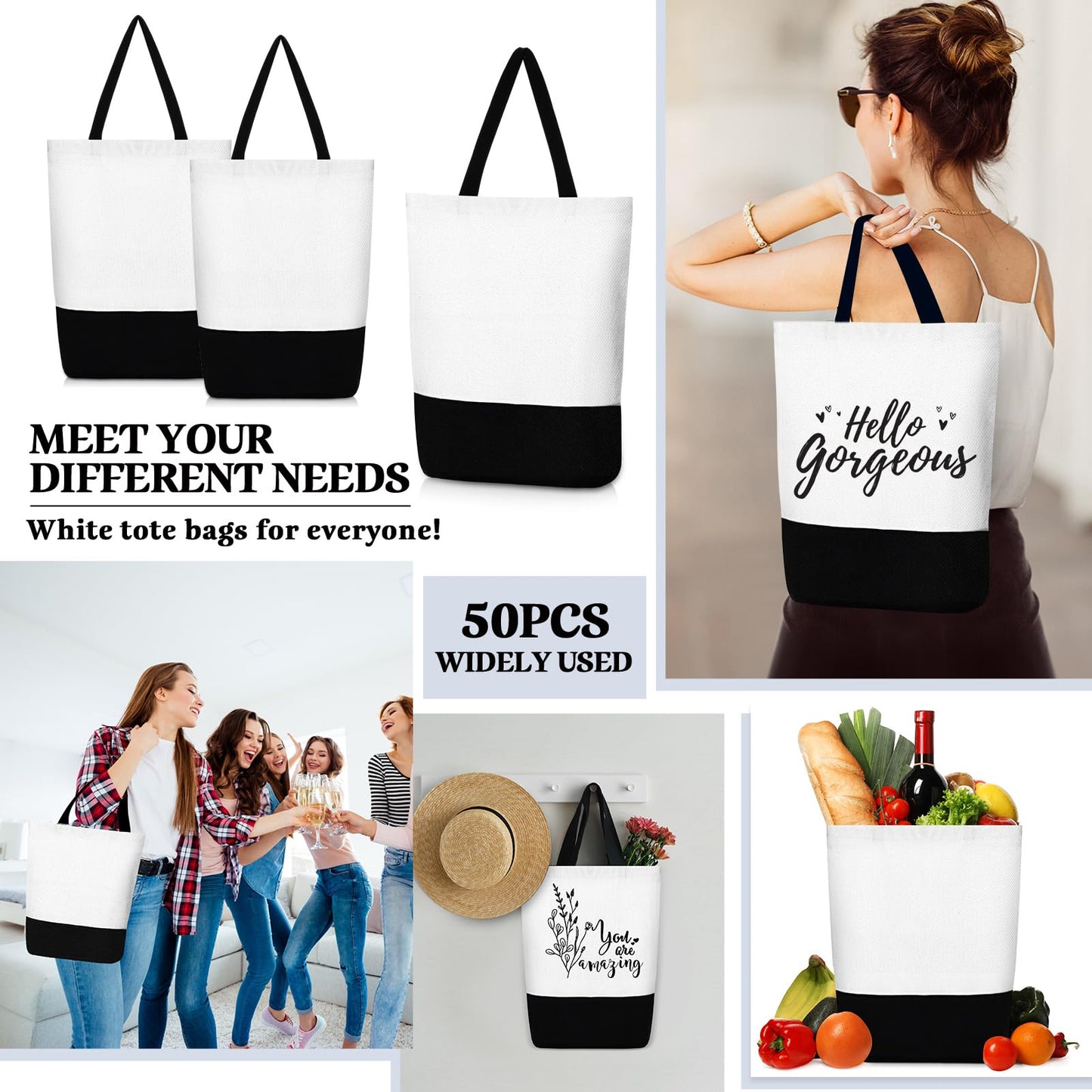 50 Pieces Large Canvas Tote Bags Reusable Sublimation Blank Plain Bags Bulk with Zipper for DIY Crafts Shopping Women Teacher(Vertical Large Bag)