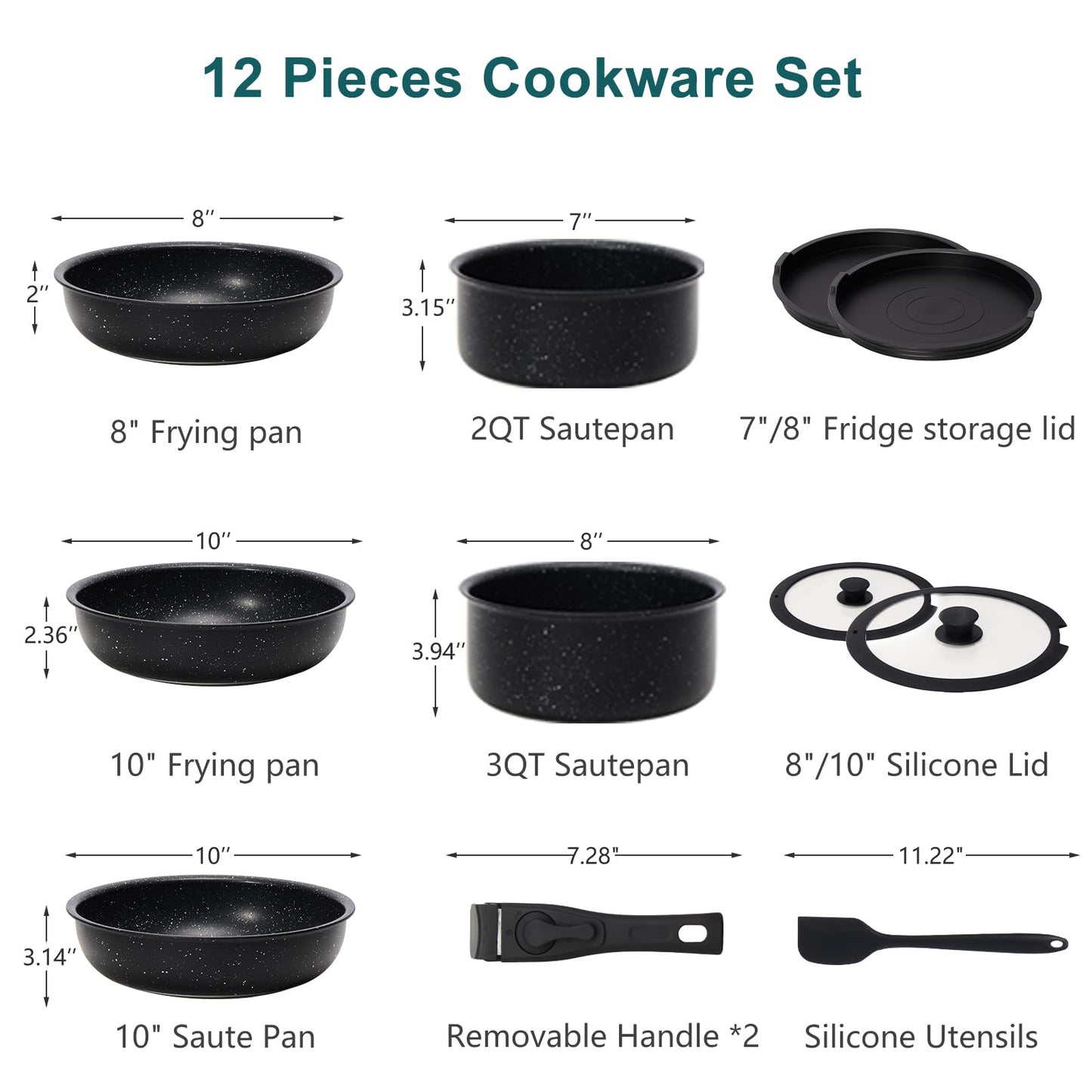 NEWBULIG 12-Piece Nonstick Cookware Set, Detachable Handle Pots and Pans, Induction Compatible Cookware, Dishwasher & Oven Safe, Space-Saving Kitchen Set, Black