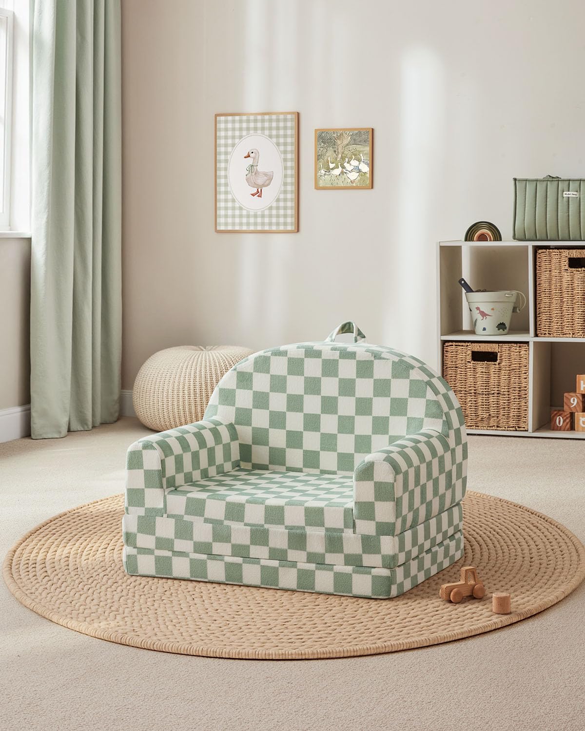 Blissful Diary Foldable Toddler Couch, 2-in-1 Toddler Chair & Sofa for Sitting and Play, Kids Couch for Playroom, Bedroom, Gift for Girls Boys, Sage Checkered