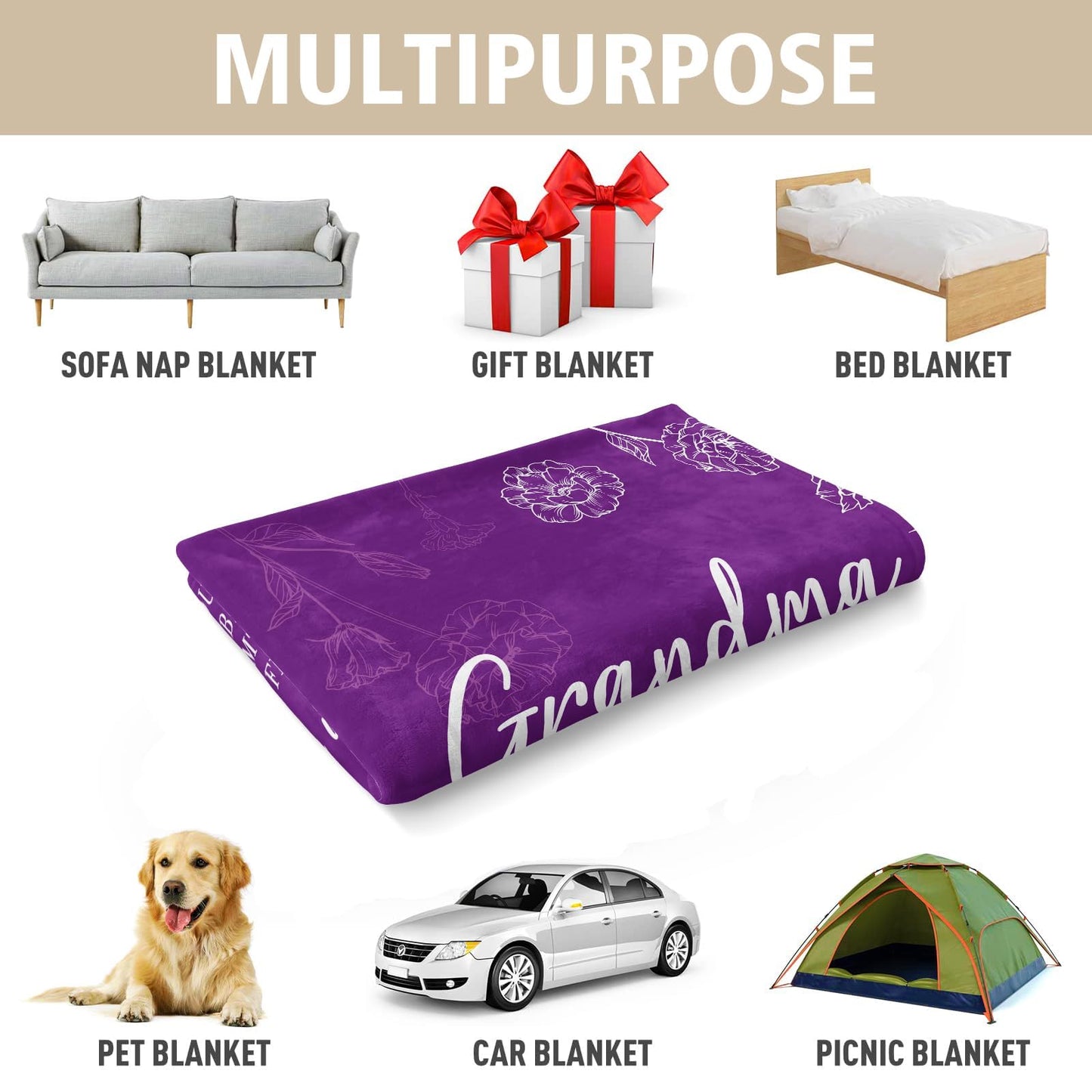 Grandma Gifts, Birthday Gifts for Grandma from Grandkids, to My Grandmother Soft Throw Blanket for Christmas Mothers Day 60" x 80", Purple