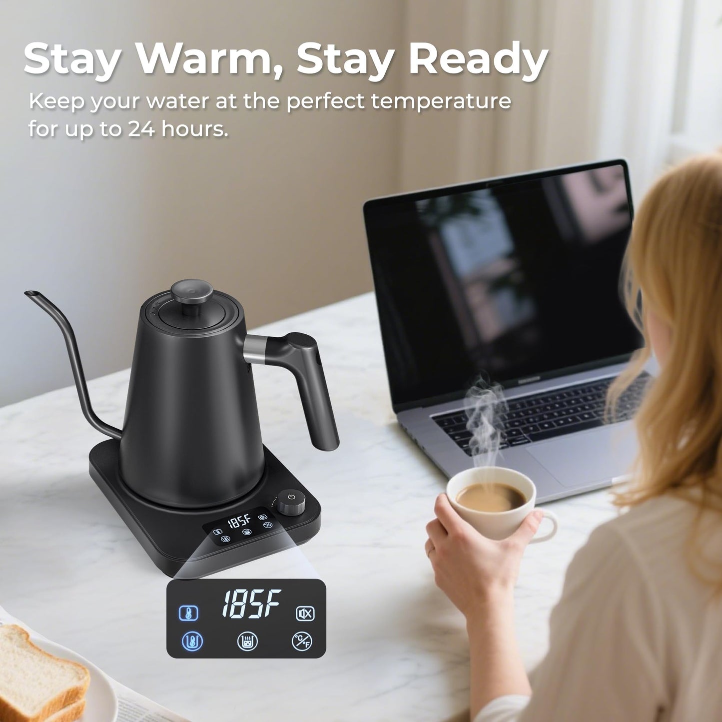 AGORVIO Gooseneck Electric Kettle, ±1°F Temperature Control Electric Kettle, 1.0L 1200W Fast Heating, 24H Keep Warm, 30Min Auto Memory, Food Grade Stainless Steel, Pour Over Kettle for Coffee and Tea