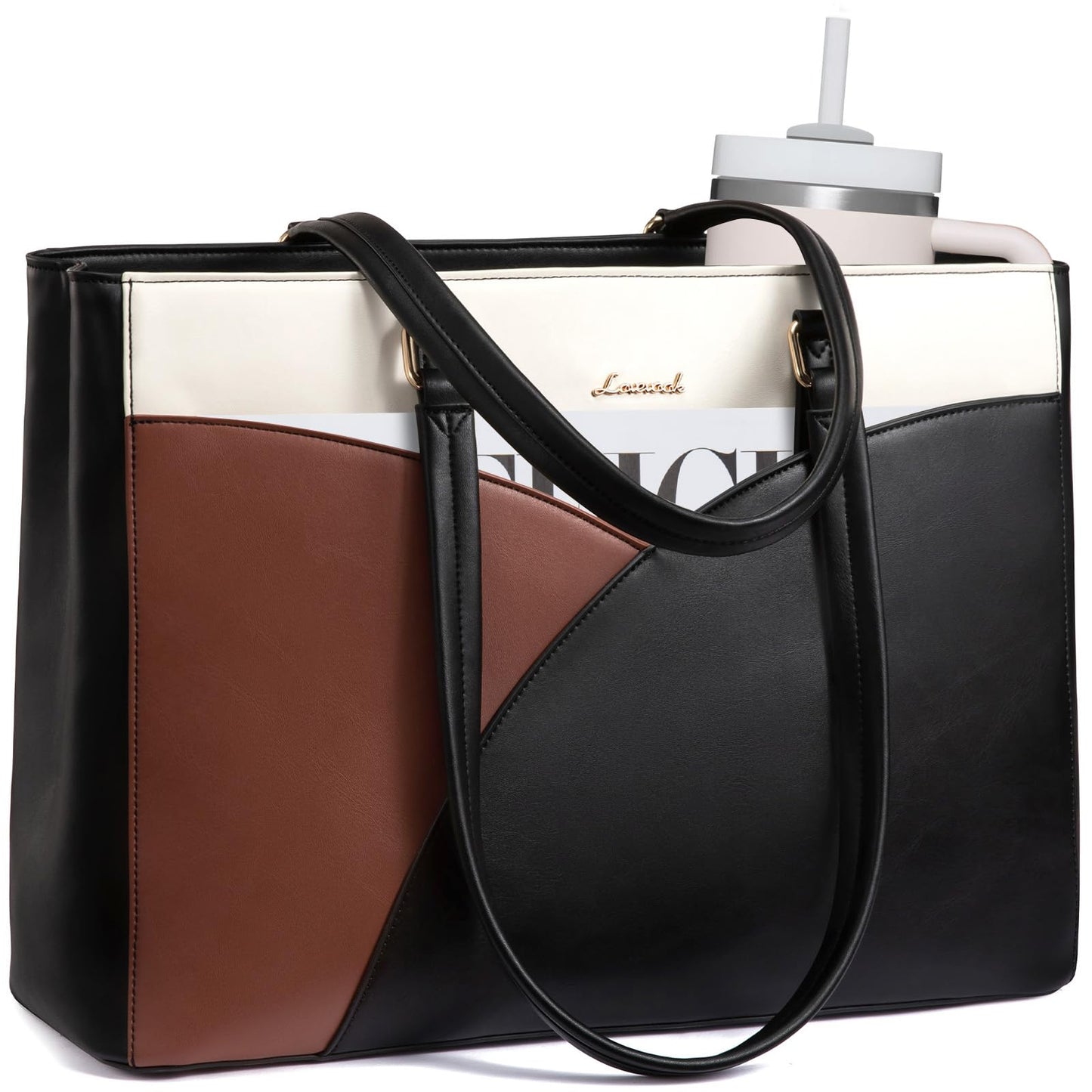 LOVEVOOK Laptop Bag for Women,17.3Inch Work Teacher Bags Leather Tote Bag Briefcase Waterproof Computer Bag for Women，Black-White-Brown