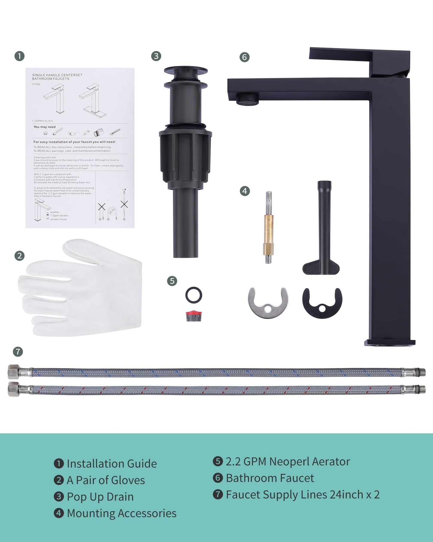 Vessel Sink Faucet Matte Black, ARCORA Single Handle Tall Bathroom Faucet, Single Hole Lavatory Vanity Mixer Tap with Pop Up Drain and Faucet Supply Lines