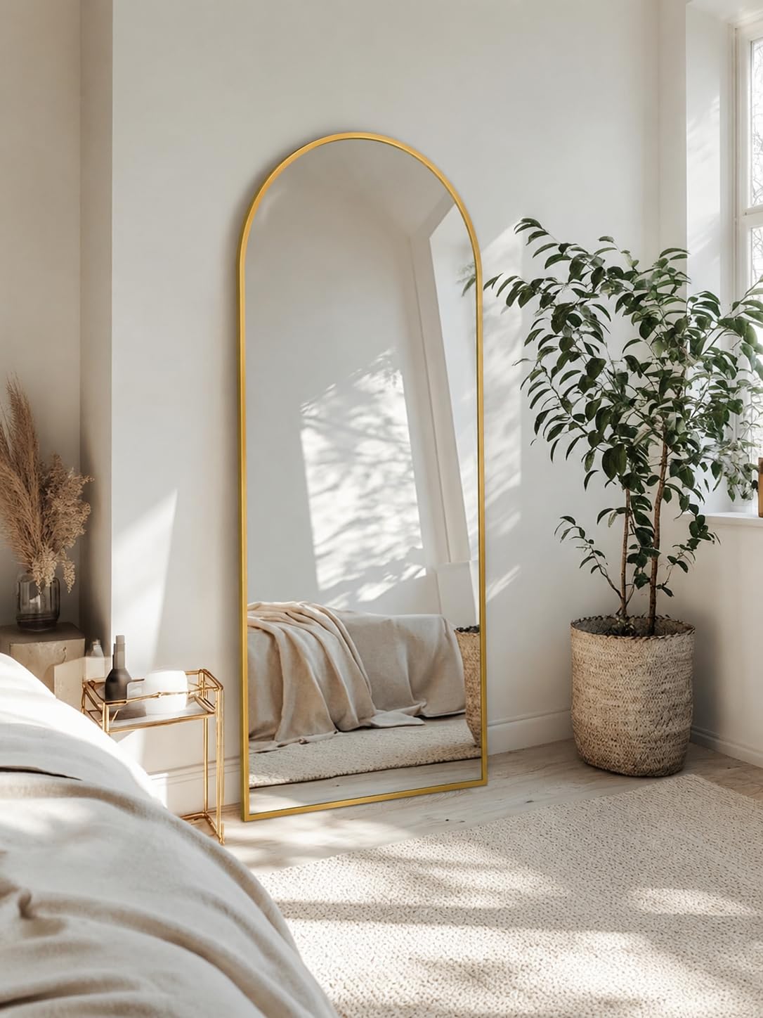 Coomily Full Length Mirror with Stand, 56"x14" Arched Full Body Mirror, Large Stand Up Aluminum Frame Floor Freestanding Hanging Leaning Mounted for Bedroom Living Room Entryway Gold