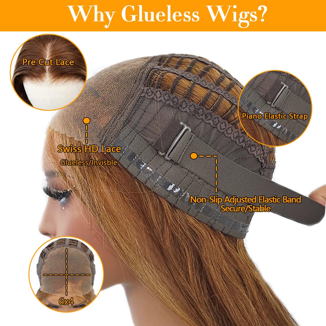 Straight Highlight Wig Wear and Go Glueless Wig Human Hair Pre Plucked Pre Cut 6x4 HD Lace No Glue 4/27 Ombre Highlight Lace Closure Wig 180 Density Colored Human Hair Wig for Beginners Wig 22 Inch