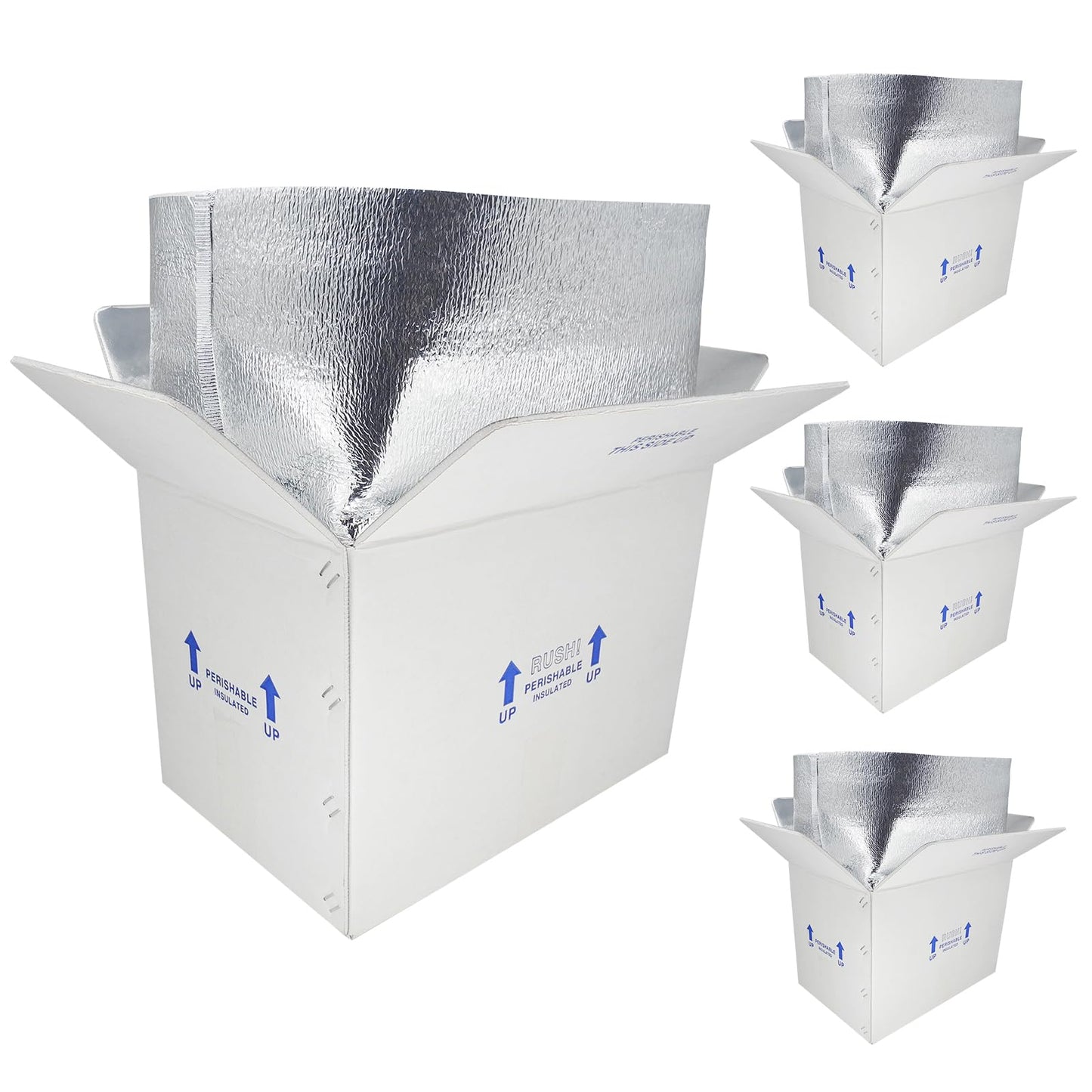 ELAZEKES 15x10x11" Insulated Shipping Boxes for Frozen Food, 4 Pack Double Insulated Carton with Aluminum Foil Insulated Bag Liner, Reusable Perishable Shipper Cooler Box for Mailing