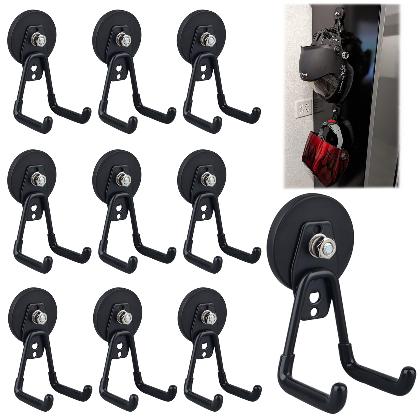 ULIBERMAGNET Heavy Duty Magnetic Garage Hooks,10 Pack Strong Large Magnet Hook for Power Drill,Garden Tools,Hose,Pegboard,Garage, Workshop,Magnetic Storage Hooks for Indoor Outdoor Hanging(Black)