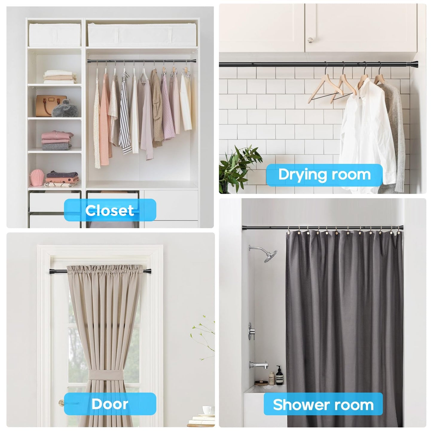 4Pack Black Tension Curtain Rod for Windows 28 to 48 Inch,7/8"Small Shower Curtain Rod for Bathroom,Pressure Spring Tension Curtain Rod No Drilling for Closet Doorway Kitchen