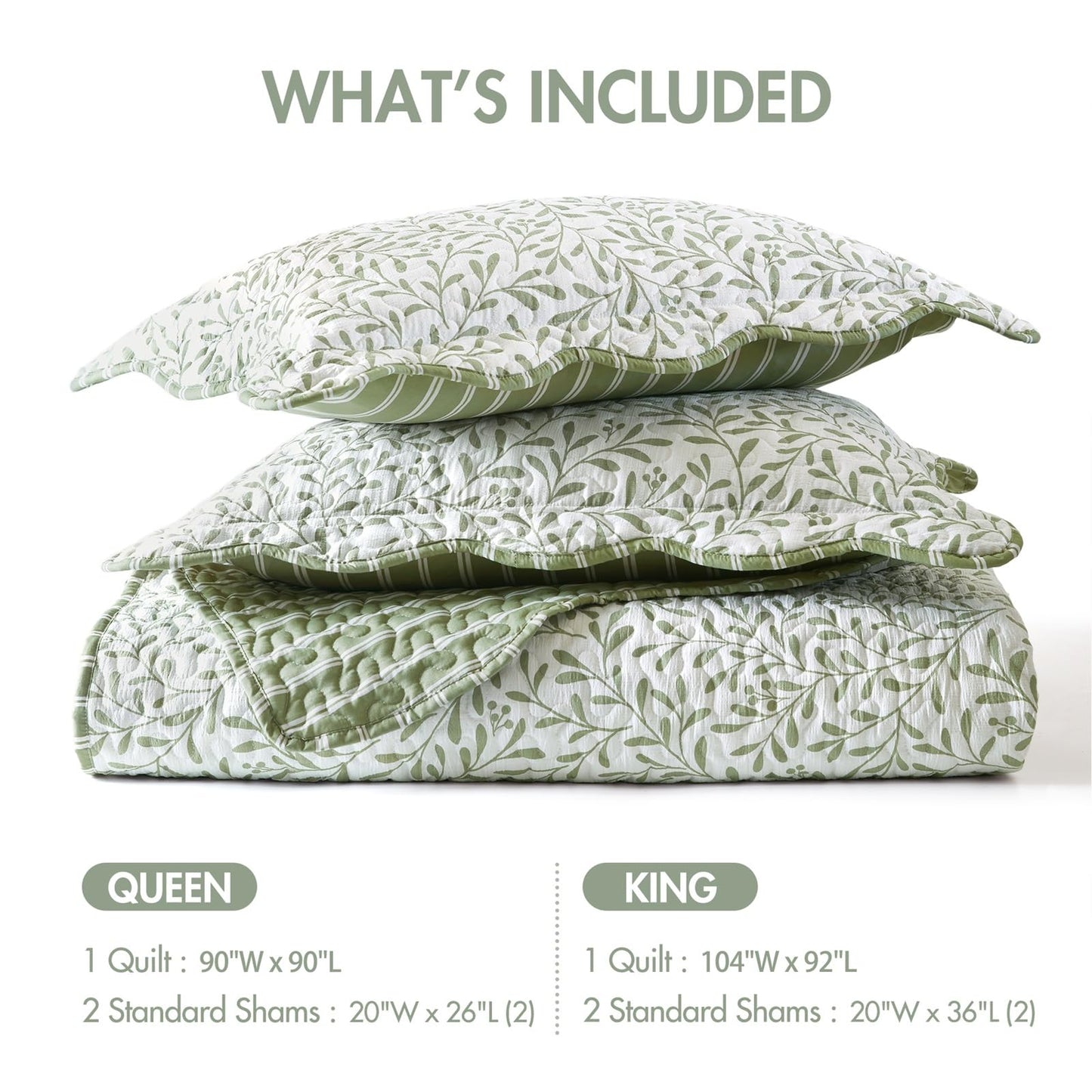 Madison Park 3-Piece Reversible Quilt Set, Botanical Print & Scalloped Edge, Lightweight Summer Bedding, Queen, Market Green