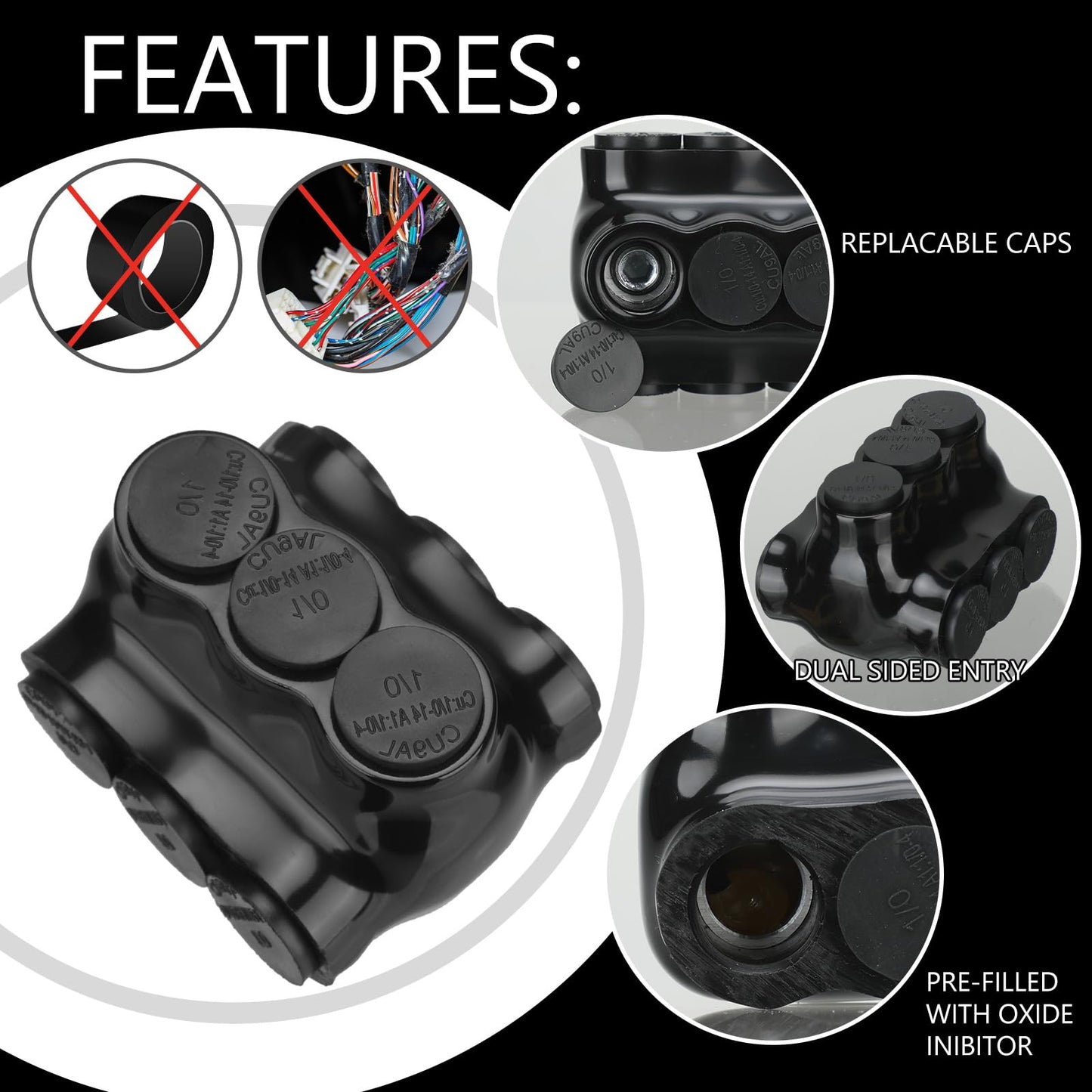 Copkim 5 Pack Black Multi Cable Connector Insulated Multi Tap Connector 3 Wire Port Splice Dual Sided Entry Prefilled with Oxide Inhibitor (1/0-14awg)