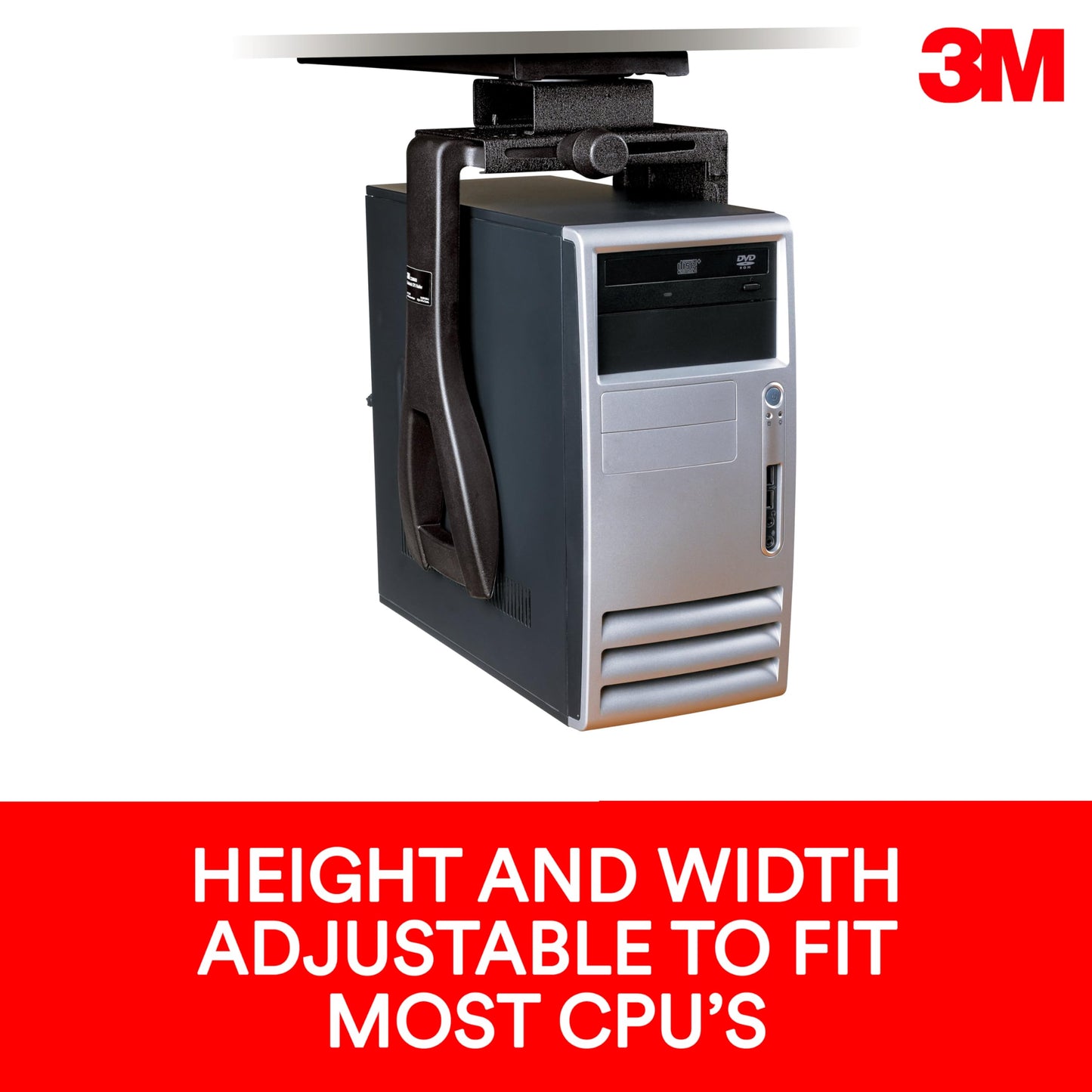3M Under-Desk Computer Tower CPU Holder, Width Adjust from 3.5" to 9.3", Height Adjust from 12.5" to 22.5" to Fit Most CPU's up to 50 lbs, 360⁰ Swivel, Steel Construction, 17" Track, Black, (CS200MB)