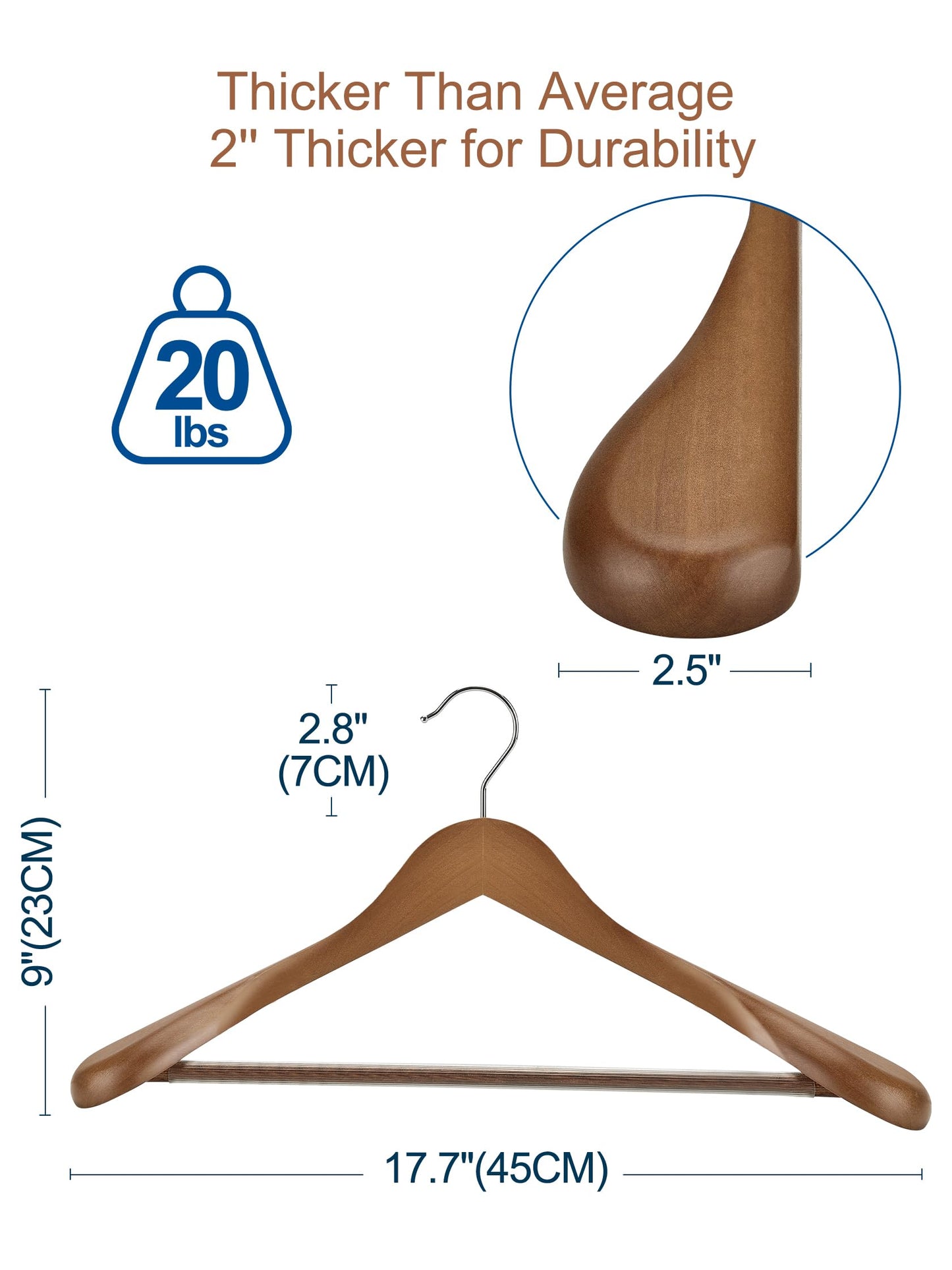 HOUSE DAY Wide Shoulder Wooden Hangers 12 Pack, Wood Suit Hangers for Men with Non Slip Pants Bar, Smooth Finish Solid Wood Coat Hanger for Jacket, Pants, Dress, Heavy Clothes Hanger (Walnut)