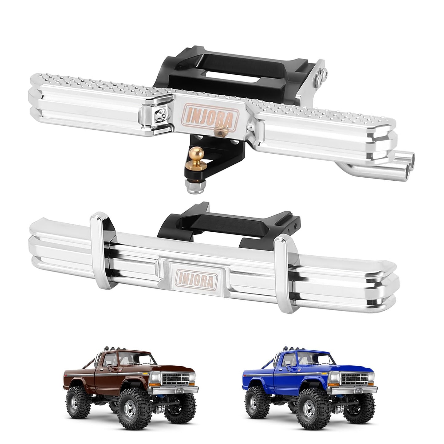 INJORA 33g Front and 33g Rear Bumper with Dual Exhaust - CNC Aluminum Bumper Set for 1/18 RC Crawler TRX4M High Trail F150 Upgrade