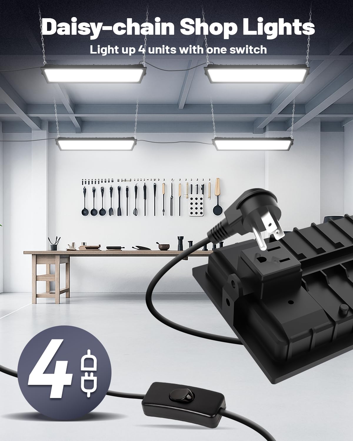 AGranTOP 2 Pack Linkable LED Shop Light (Built-in Outlet) - 100W 15000LM Aluminum Plug in Garage Light w/ 9.84ft Power Cord and On/Off Switch, 6000K Shop Lights for Garage, Workshop