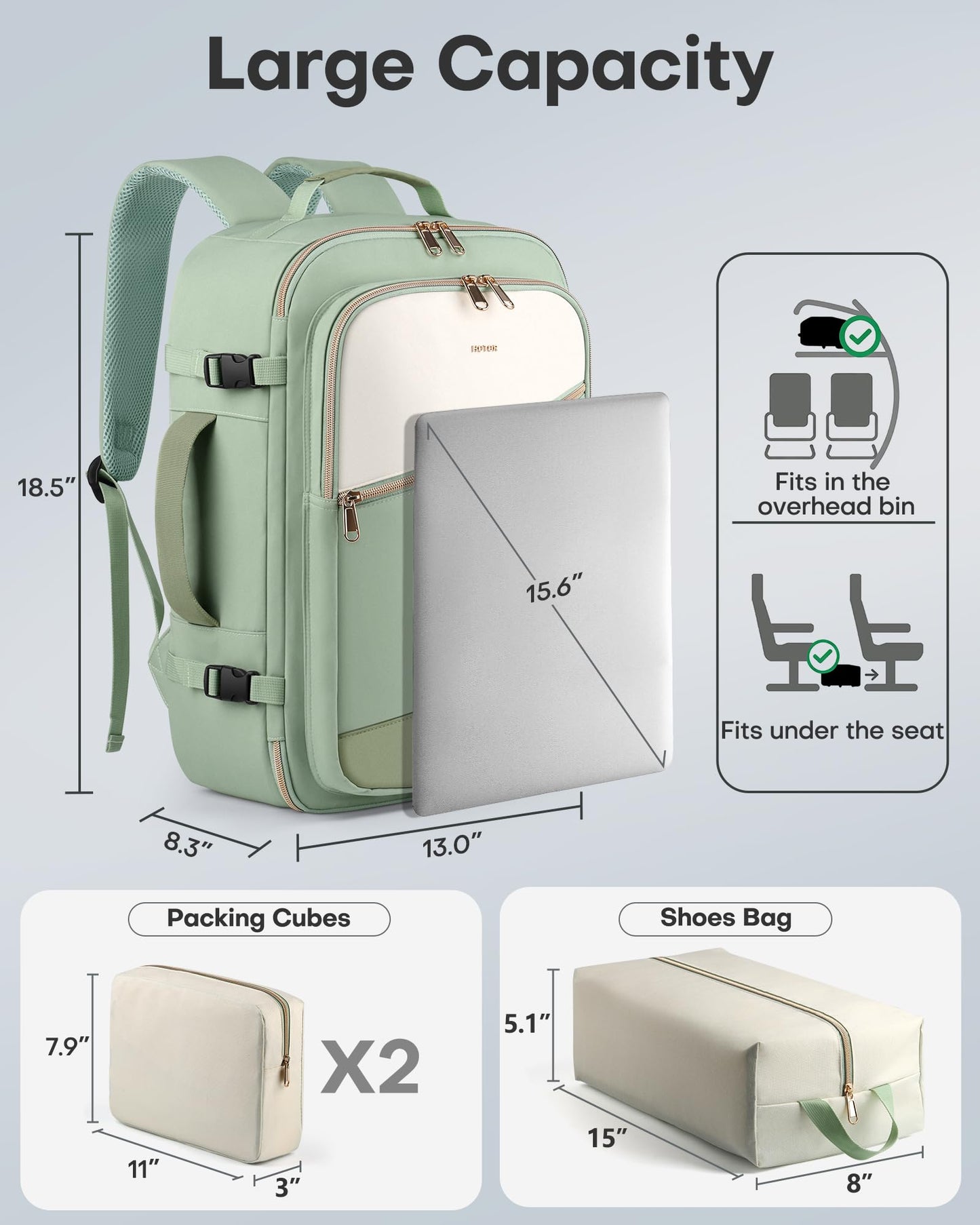 HOTOR Travel Backpack for Women – TSA-Friendly Travel Bag with Multiple Compartments & 3 Packing Cubes, Water-Resistant & Comfortable, Perfect for Travel Essentials, Green, 18.5" x 13.0" x 8.3"