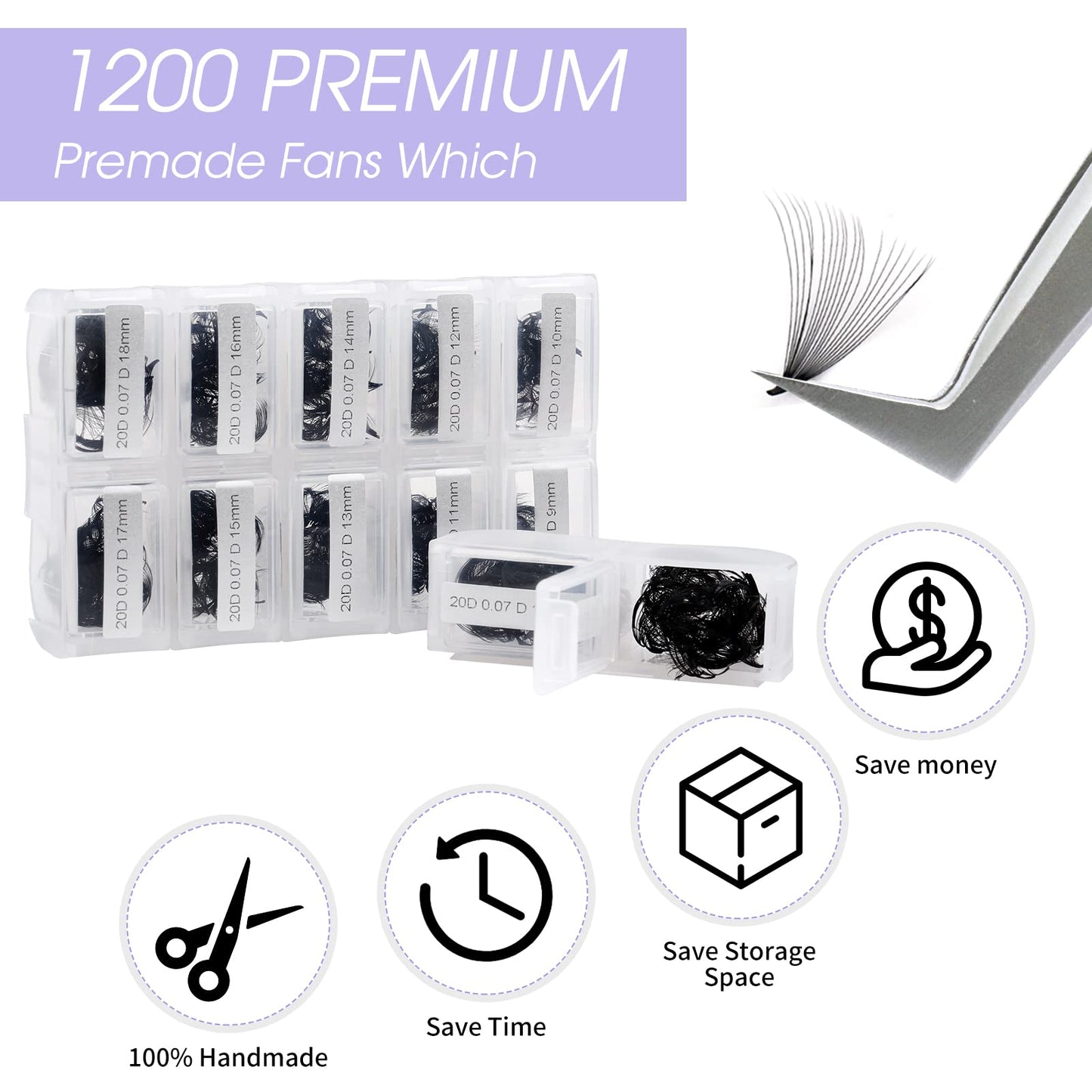 WENDY Lashes Premade Fans Eyelash Extensions 1200PCS Eyelash Extension 20D Volume Lash Extensions Loose Promade Fans D Curl Mixed 9-20mm Pointed Base Pre Made Lashes(1200PCS-20D-0.07-D, 9-20mm mixed)