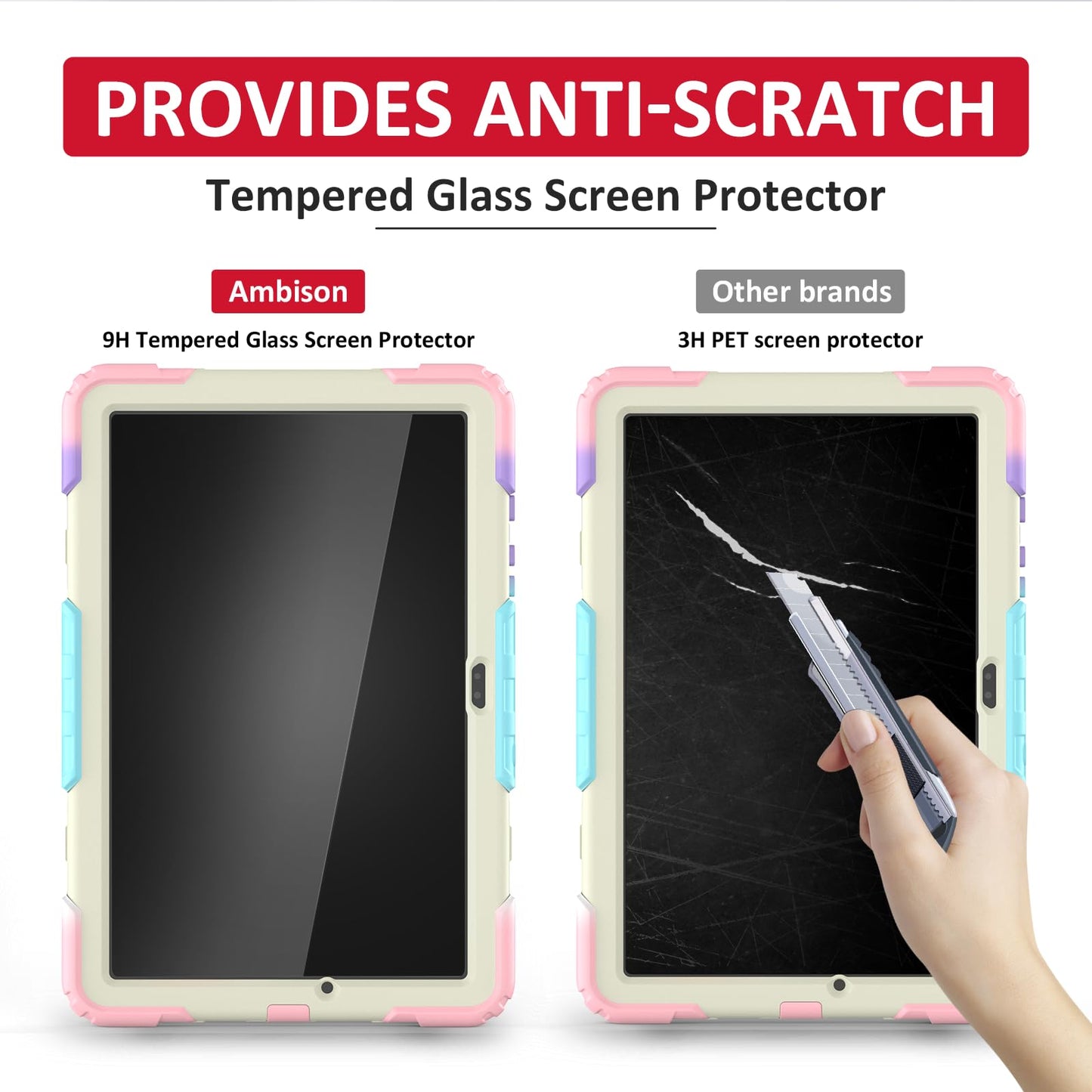 Ambison Case for Samsung Galaxy Tab A9+ 11'' 2023, [Kids Proof] Full Body Protective Case with 9H Tempered Glass Screen Protector, 360° Rotatable Kickstand & Hand Strap (Light Pink)