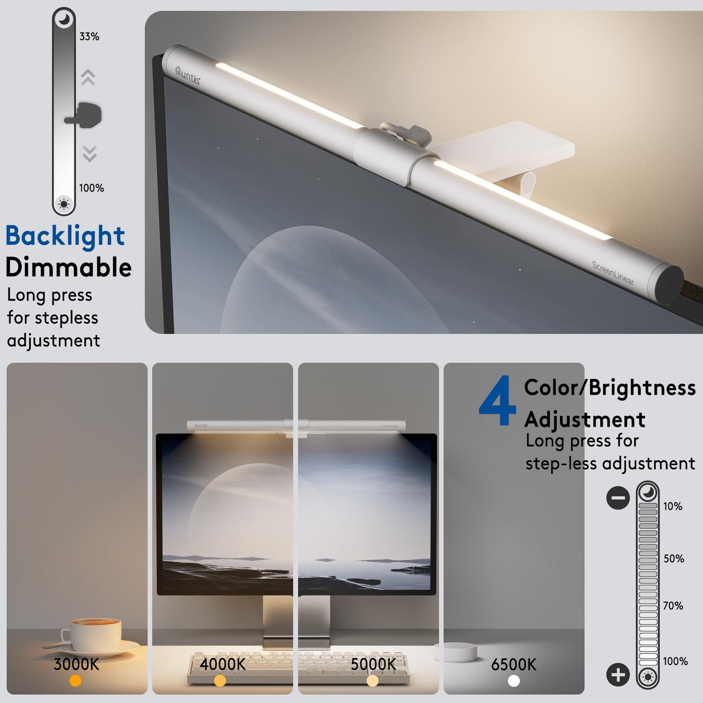 Quntis Monitor Light Bar with Remote, Eye-Care No Glare, Space Saving Home Office Desk Lamp, White, Stepless Dimming, Easy Setup LED Computer Light Backlight for Curved Gaming Monitors Reading Study