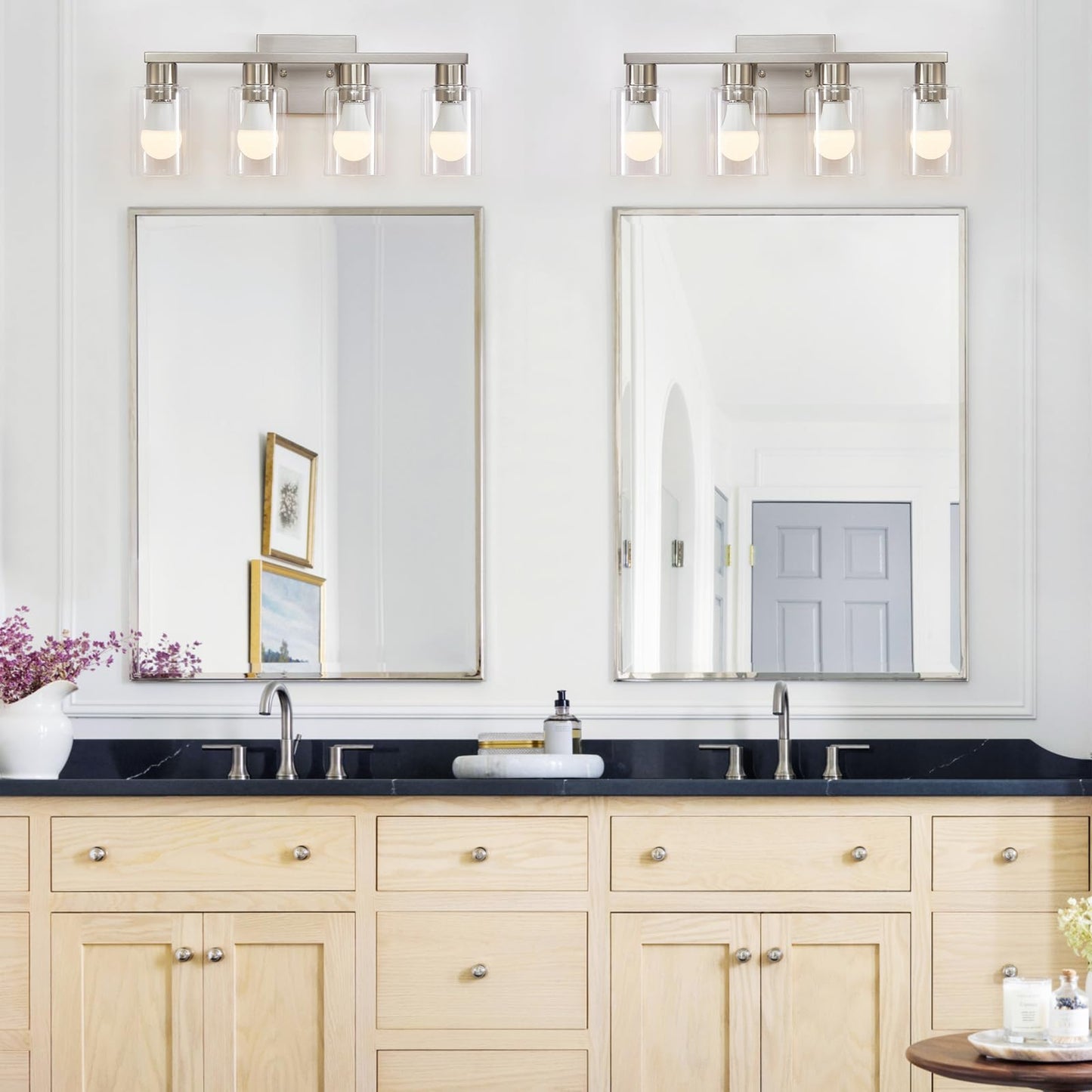 DIDUIO 4 Light Bathroom Vanity Light Brushed Nickel Vanity Lights for Bathroom Modern 4-Lights Wall Sconce with Clear Glass Shade for Bedroom Living Room