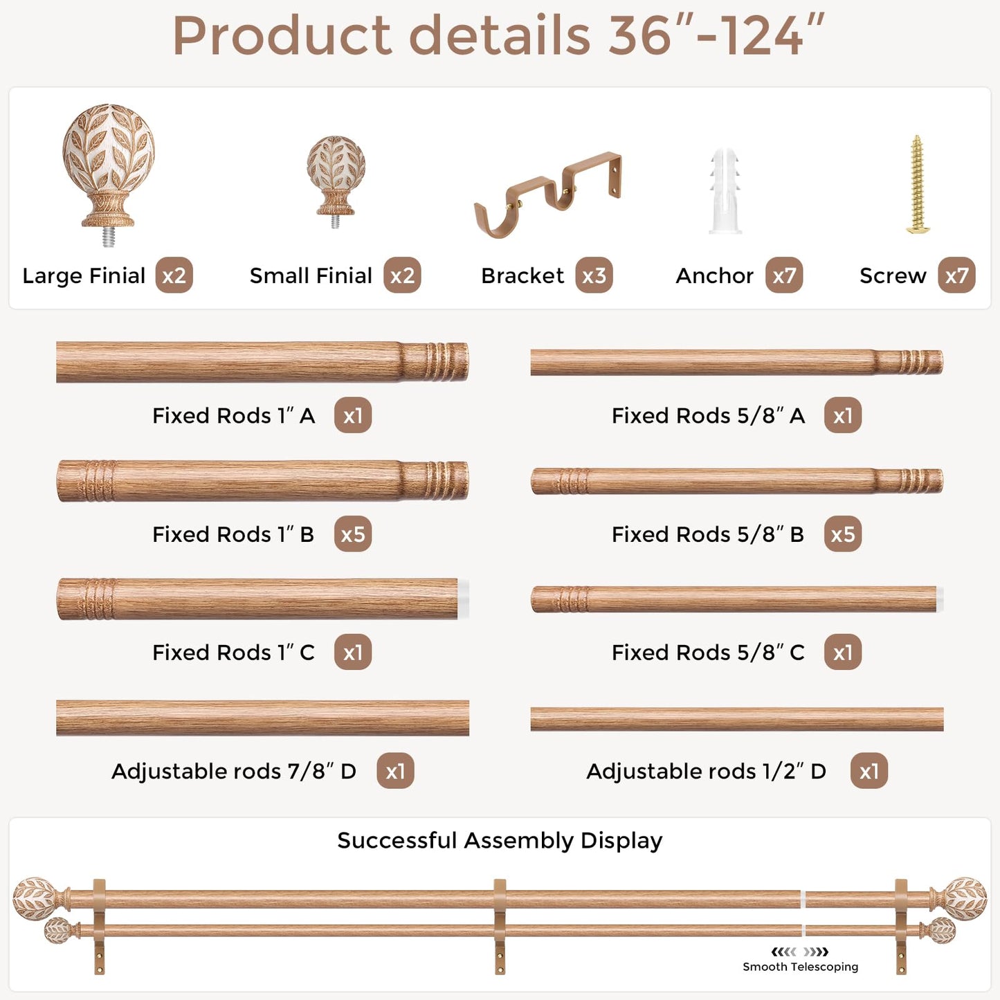 Wood Double Curtain Rod 36-122 Inch, Boho Decorative Long Dual Curtain Rods for Windows, 1" Adjustable Heavy Duty Double Rod, Unique Handmade Imitation Wood Grain Leaf Finial Design