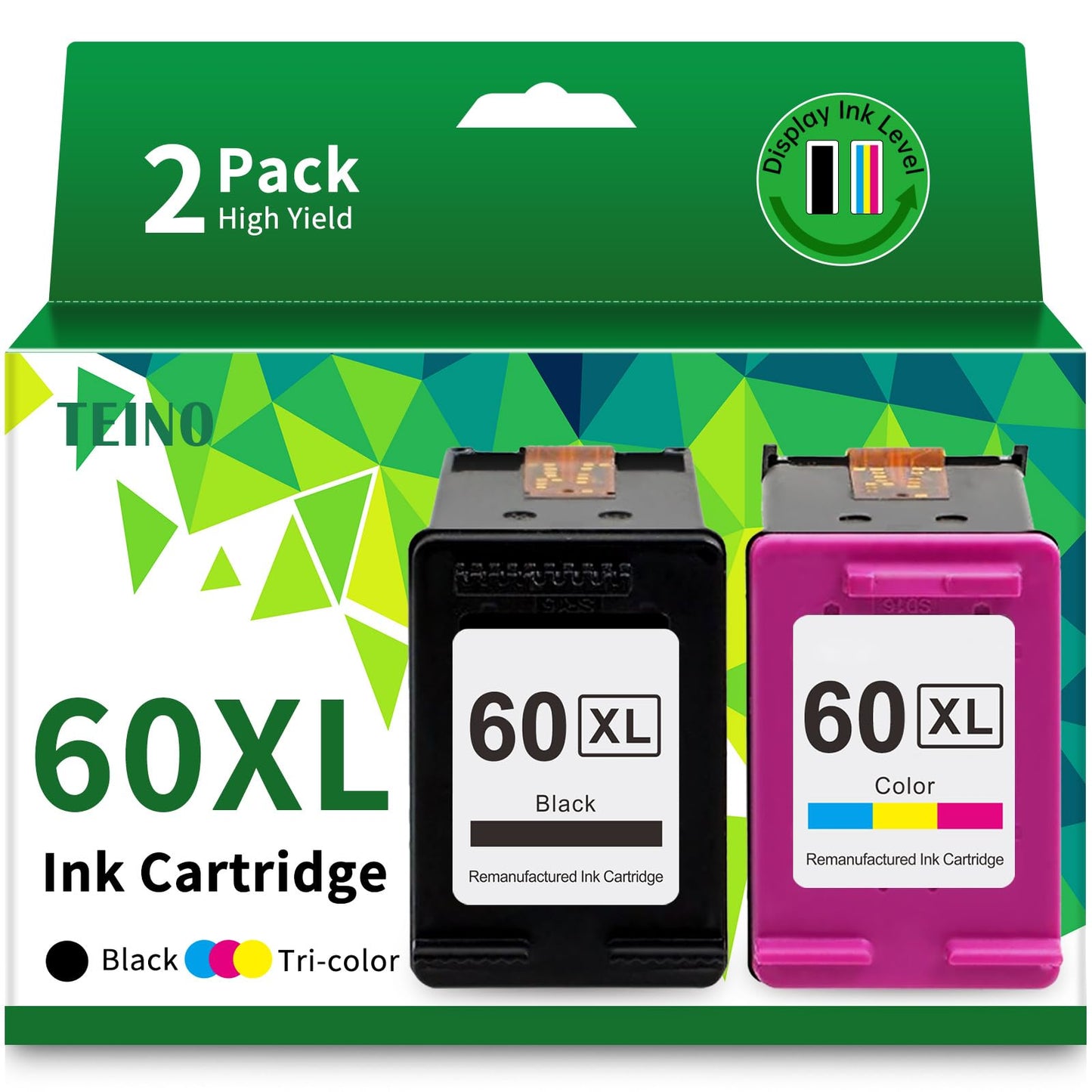 TEINO Remanufactured Ink Cartridge Replacement for HP 60 XL 60XL for PhotoSmart C4780 C4795 C4680 C4650 D110 D110a DeskJet F4480 F4280 F4580 D2530 D2545 Envy 100 Printer (Black, Tri-Color, 2-Pack)