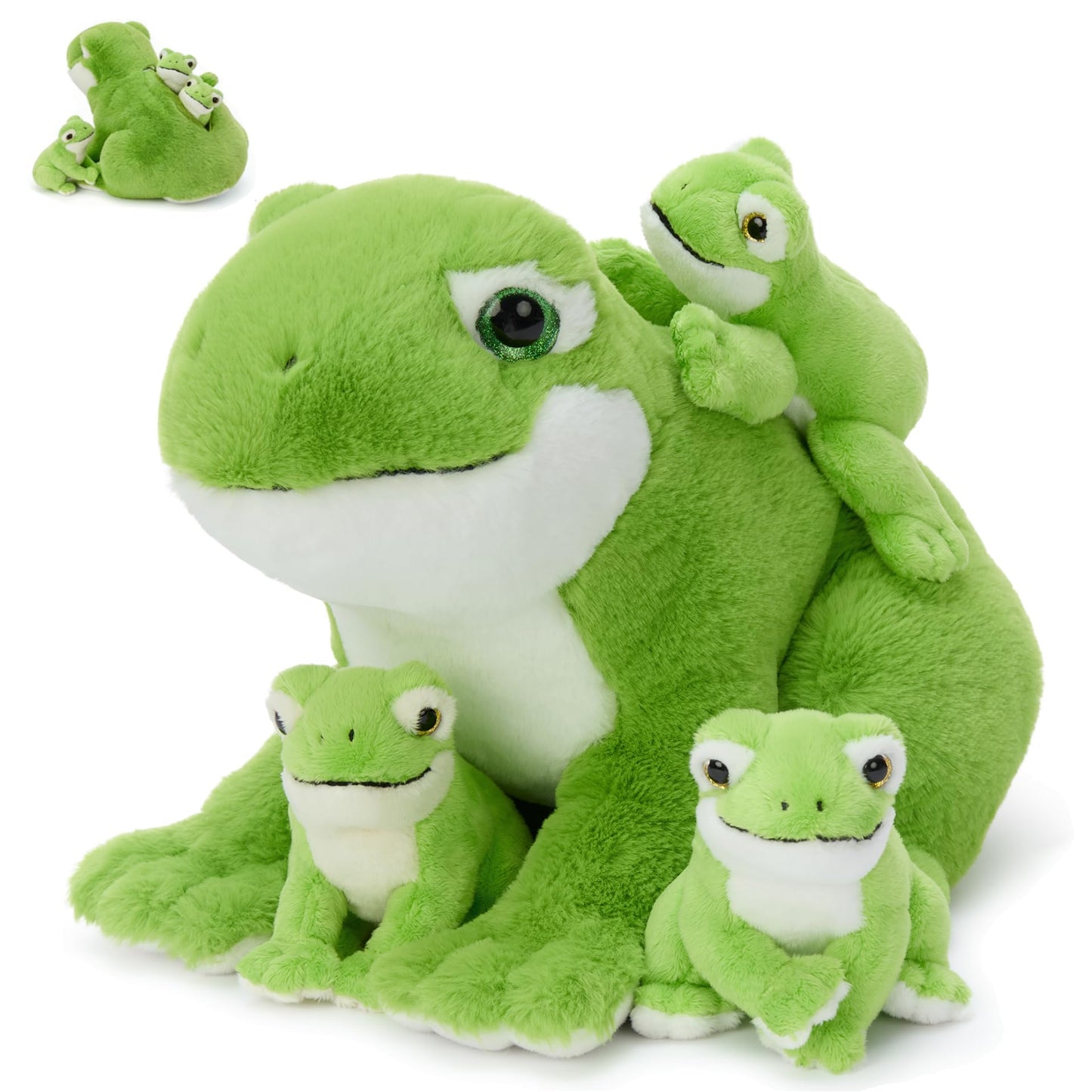 MorisMos Plush Frog and Baby (1 Mommy + 3 Baby) 15.7" Green Frog Plush Set Ultra Soft Cuddly Birthday & Christmas Toddler Kids Boys Girls