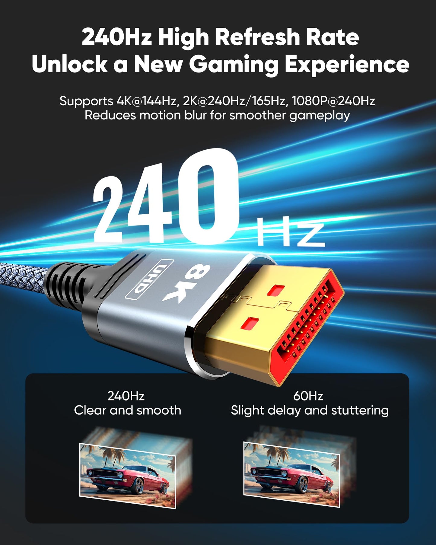 Capshi 8K 4K DisplayPort Cable 1.4, Fiber Optic 50FT DP Cord (8K@60Hz, 4K@144Hz, 2K@240Hz/165Hz), 32.4Gbps High Speed Display Port Cable for Gaming Monitor, HDR/FreeSync/G-Sync, Braided, Grey