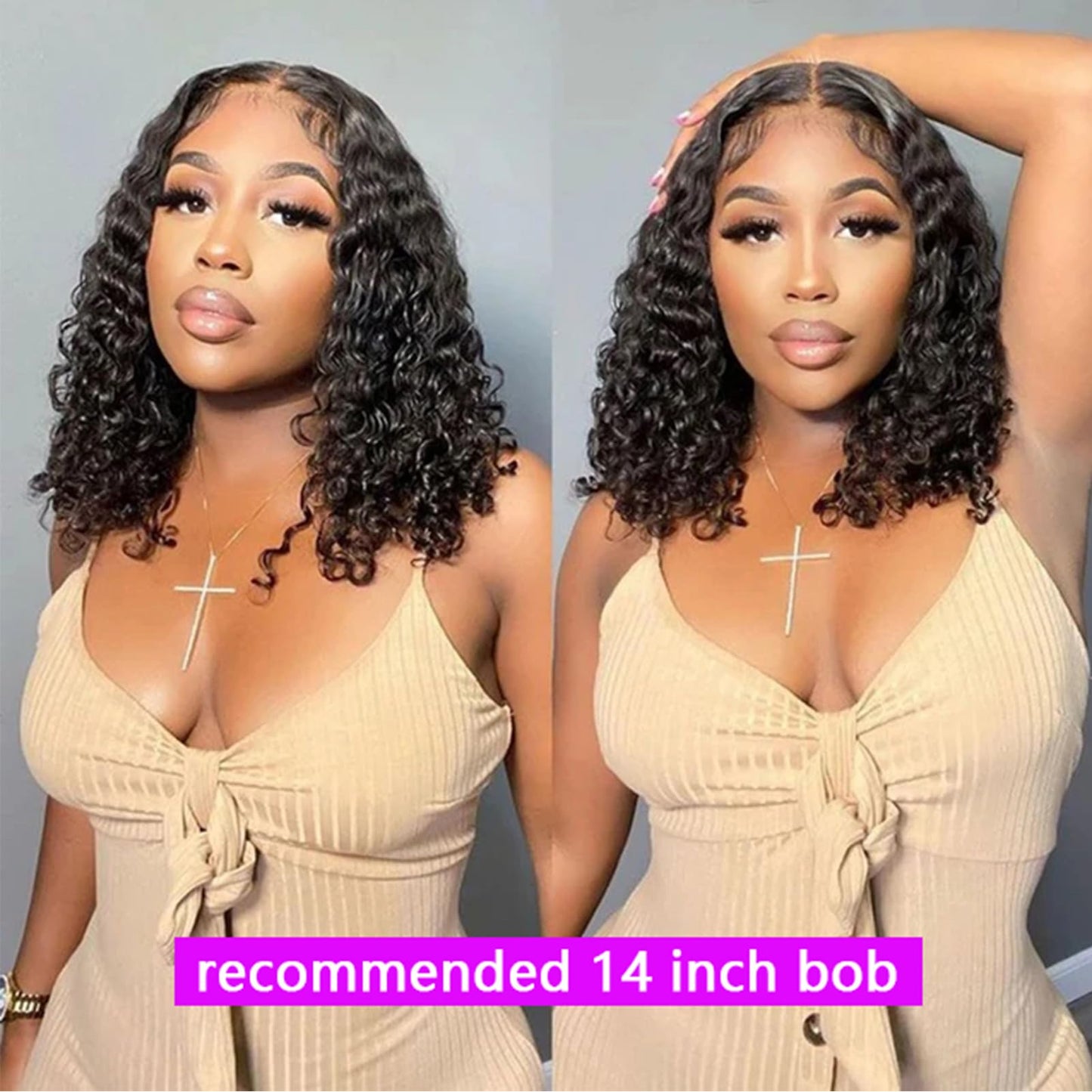 yuccy Curly Bob Wig Human Hair 13X4 Water Wave Lace Front Wig Human Hair Pre Plucked 250% Density Curly Bob Wigs for Women Natural Color 14 Inch…