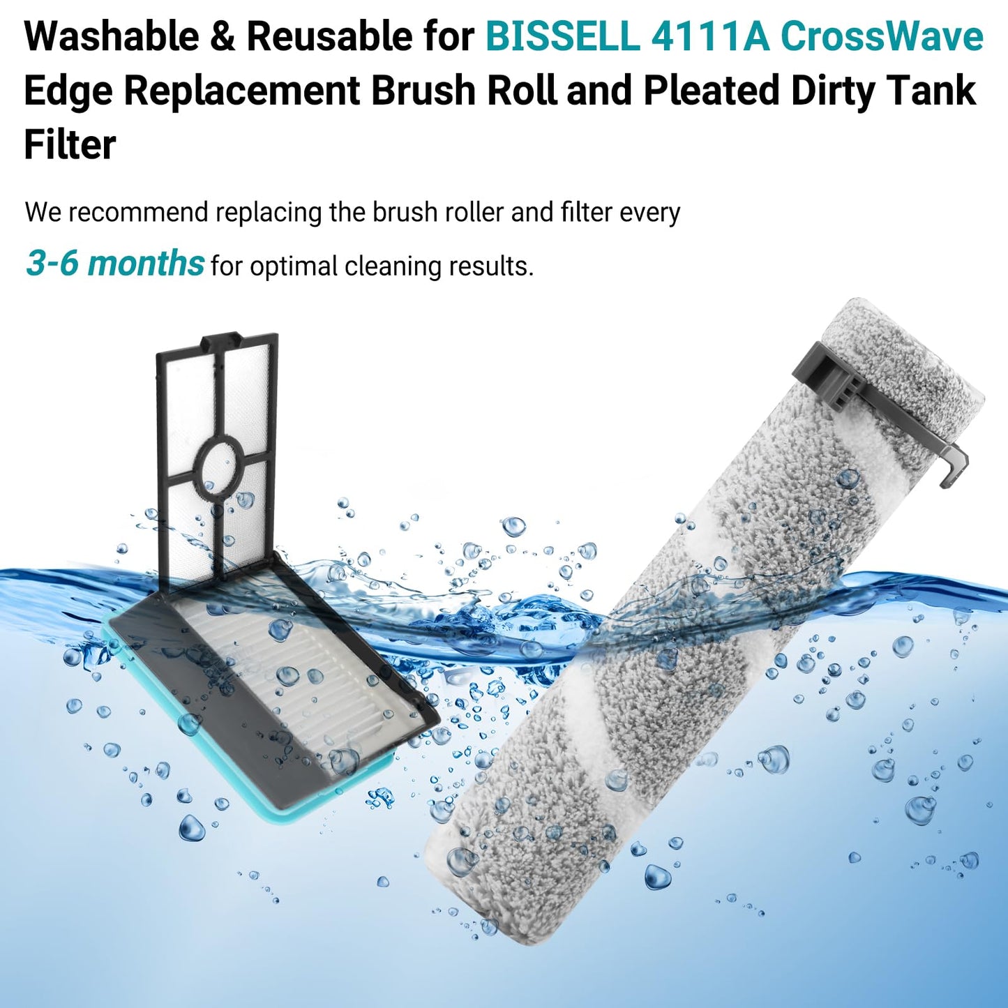RONGJU 4111A Replacement Brushes and Filters for Bissell CrossWave Edge, Multi-Surface Hard Floor Cleaner Wet Dry Vacuum with Zero-Gap Edge Technology, 2 Pack Brushes and 2 Pack Filters