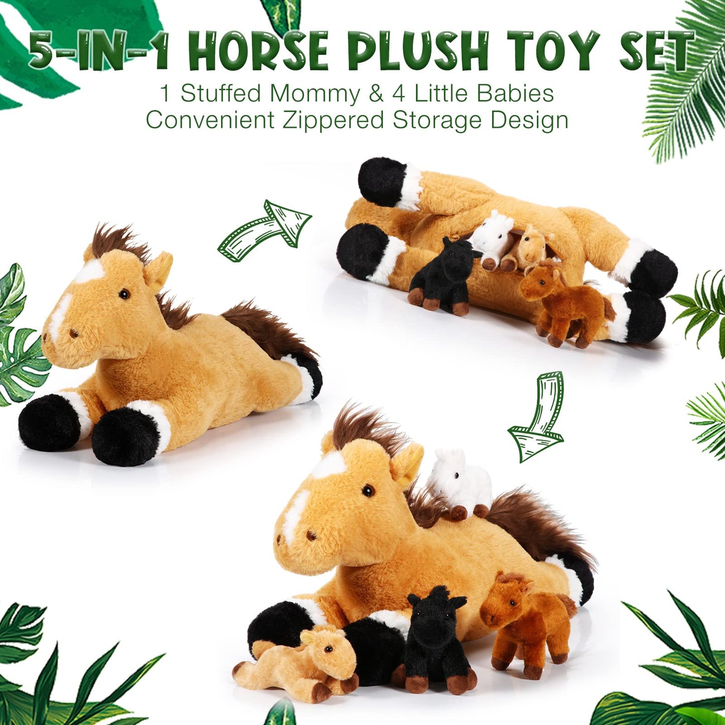 Lenwen 5 Pcs Horse Stuffed Animals Large Mommy Horse Plush with 4 Cute Babies in Zippered Belly Nurturing Plushie Toy Set for Birthday Gift Derby Party Favors(Cute)