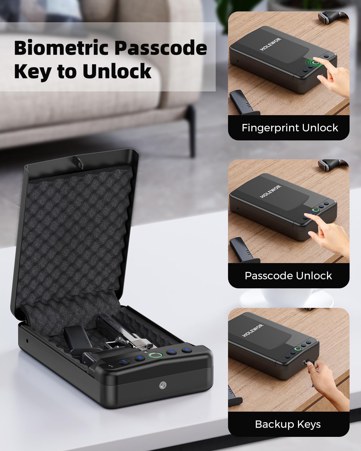 HOLEWOR Car Gun Safe, Small Pistol Safe Biometric Gun Lock Box for Handgun, Portable Fingerprint Quick Access Travel Gun Case for Nightstand Bedside