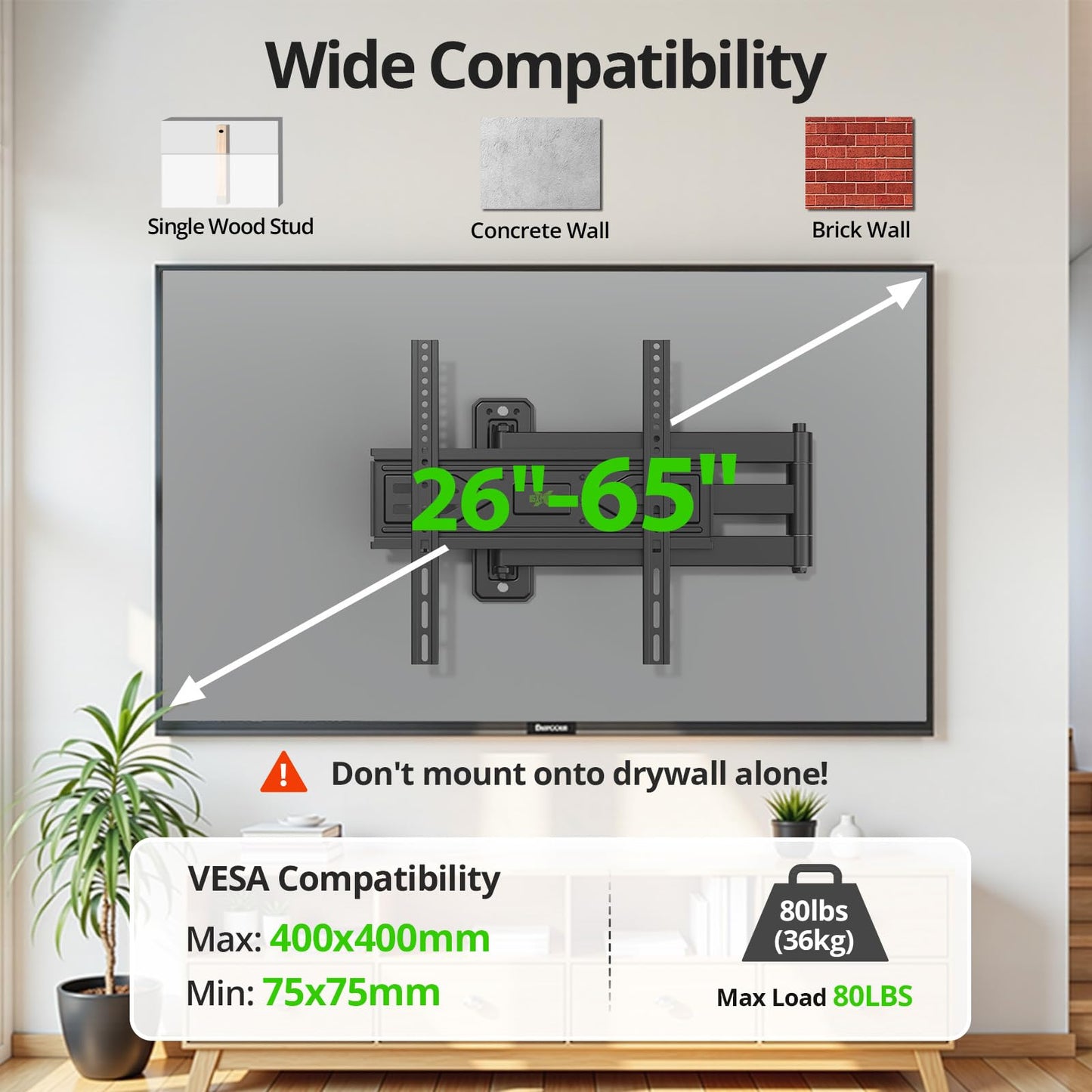 USX MOUNT Corner TV Wall Mount with 31.22" Long Arm for 26-65 Inch TVs up to 80 lbs, Full Motion TV Wall Mount Bracket with Swivel and Tilt, Max VESA 400x400mm fit Most 32 40 42 43 50 55 60 65 TVs