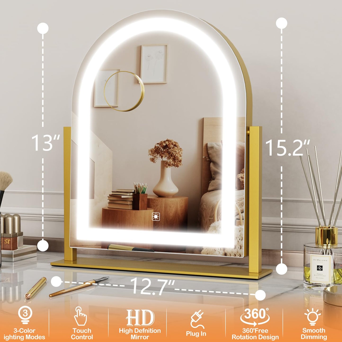 Gvnkvn Lighted Makeup Mirror, Hollywood Vanity Mirror with Lights, Three Color Lighting Modes, and Detachable 10X Magnification Mirror, Smart Touch Control, 360°Rotation (15.2in. Curved)