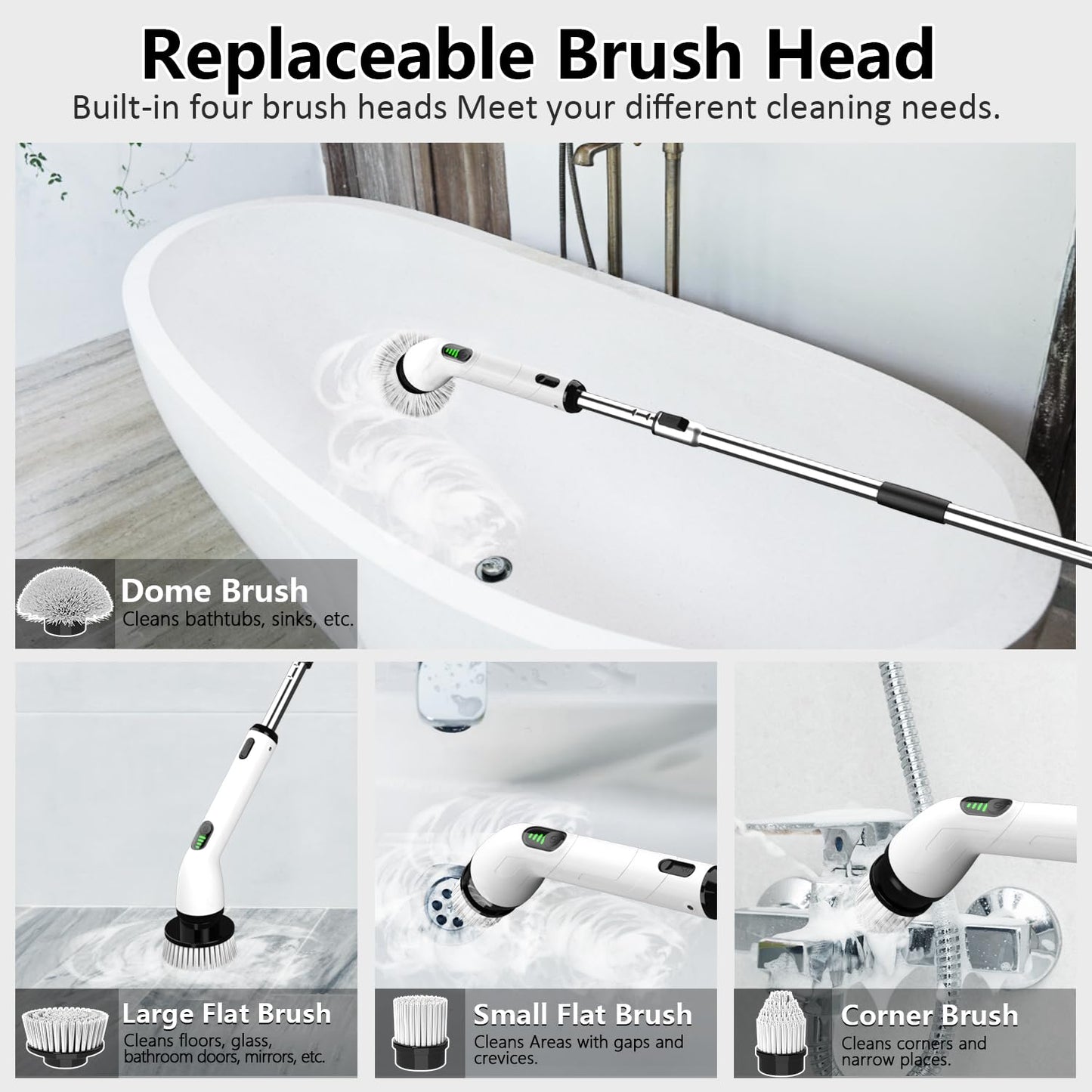 TUYU Electric Spin Scrubber, Full-Body IPX7 Waterproof Bathroom Scrubber,4 Replacement Head for Adjustable Extension Handle Electric Cleaning Brush for Bathroom, Tub, Tile