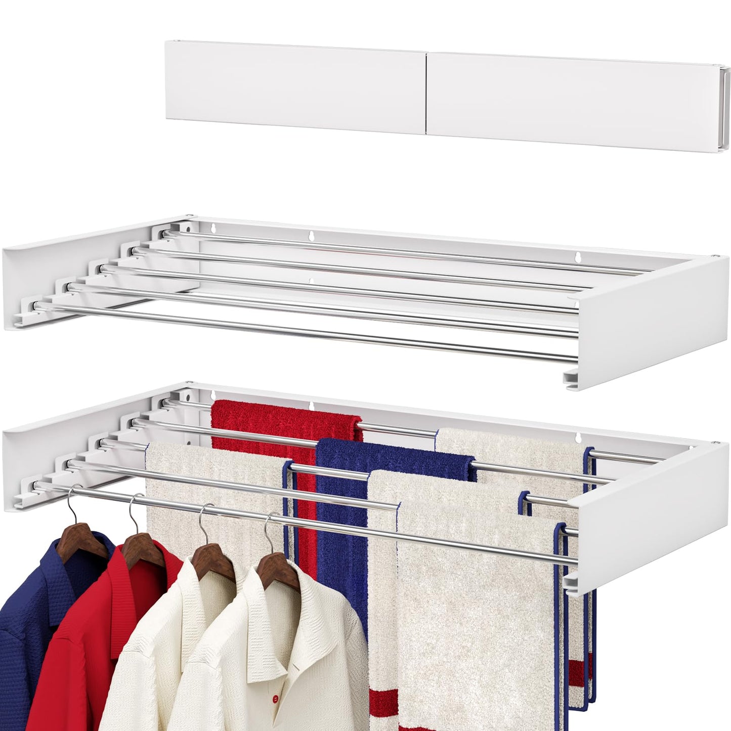 SOLVESTIS Wall Mounted Drying Rack 31.5", Foldable Laundry Drying Rack with Stainless Steel Rods, Retractable Laundry Space Saver for Indoor & Outdoor Use, Include Wall Template