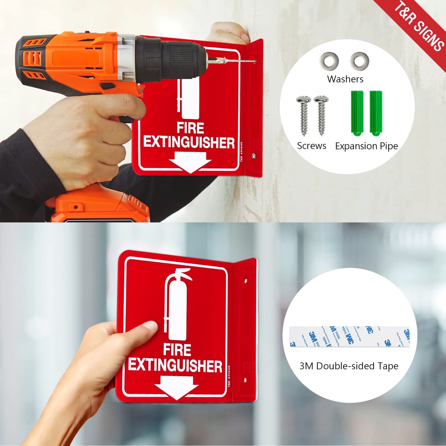 T&R Fire Extinguisher Sign, Fire Extinguisher with Down Arrow - 12 Pack - 6 x 6 Inches Acrylic, 2 pre-drilled holes, Includes Matching Screws, Use for Home Office/Business