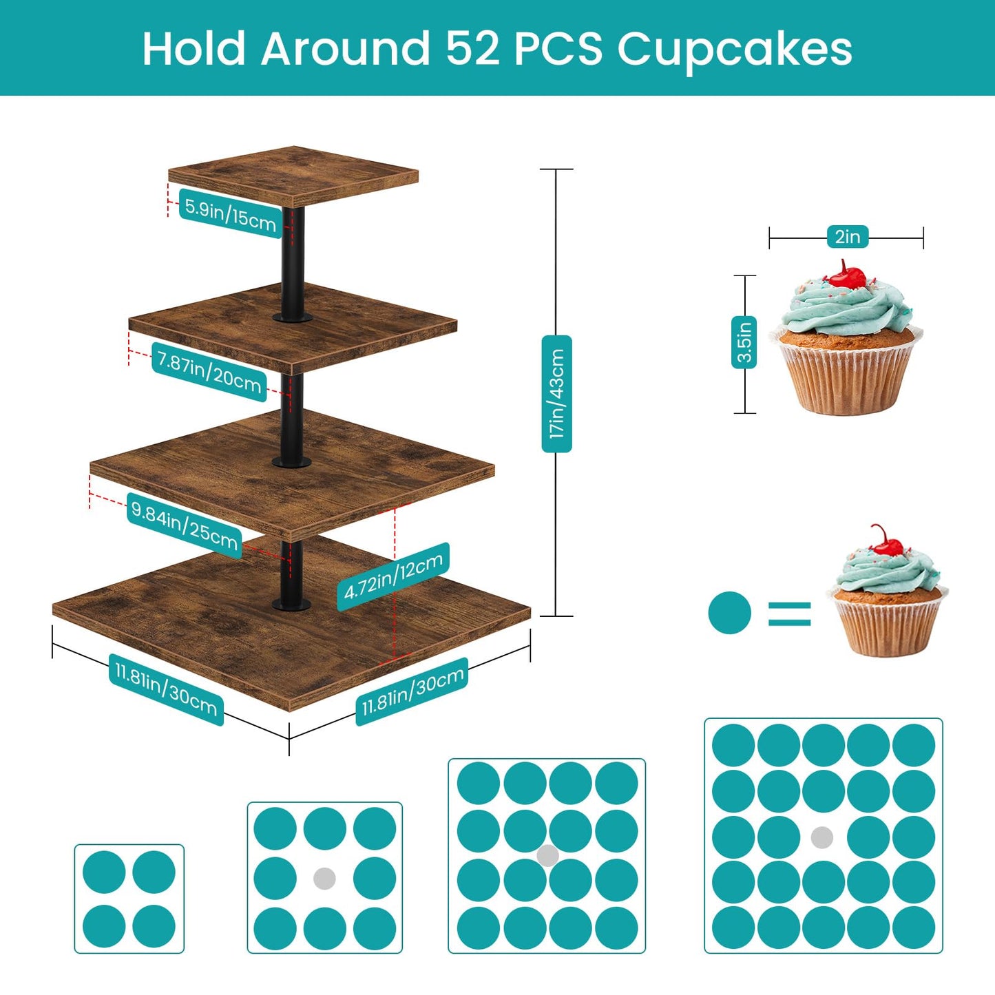 ELITEROO 4 Tier Cupcake Stand, 360 Rotating Cupcake Stand for 50 Cupcakes, Square Tiered Cup Cake Tower Holder, Wooden Dessert Display Stands for Party Wedding Graduation Birthday Baby Shower