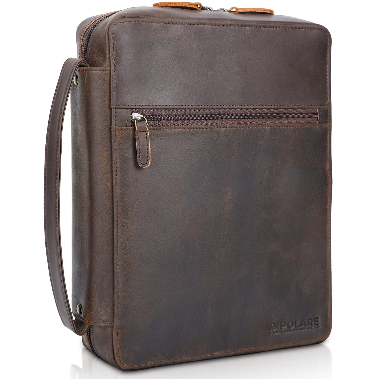 Polare Full Grain Leather Bible Cover Church Bag Bible Protective Book Holder Carrying Case Folder Organizer Portfolio, Dark Brown