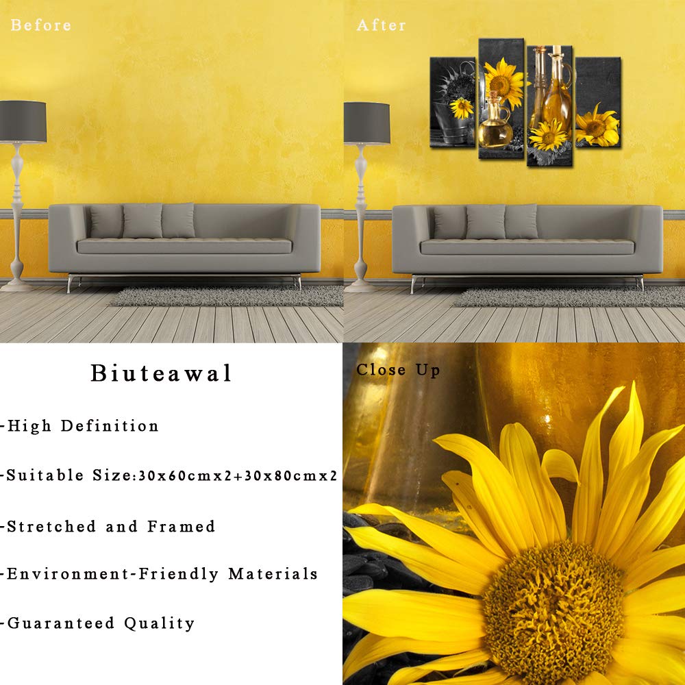 Biuteawal- 4 Panel Black and White Canvas Wall Art Wine with Yellow Sunflower Picture Painting Print Still Life Artwork for Home Dining Room Living Room Wall Decor Framed and Easy Hanging