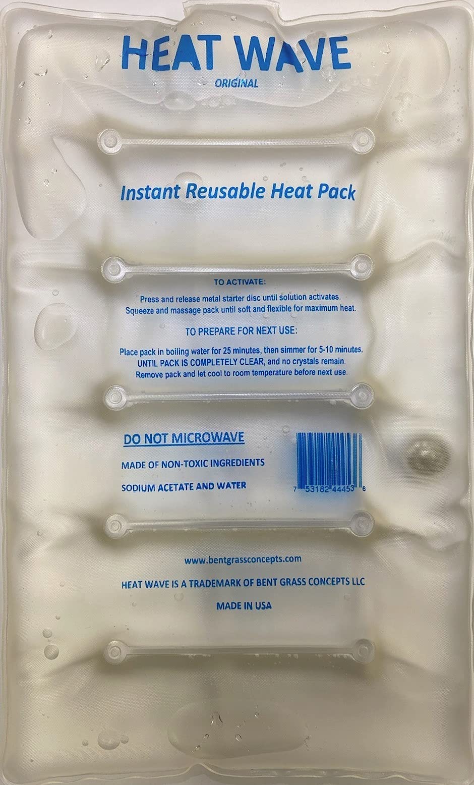 HEAT WAVE Instant Reusable Heat Pack- Medical Grade (8x12) Stiff & Sore Muscles,Pain Relief, Hiking and Camping Warmth Made in USA Large Clear 2-Pack
