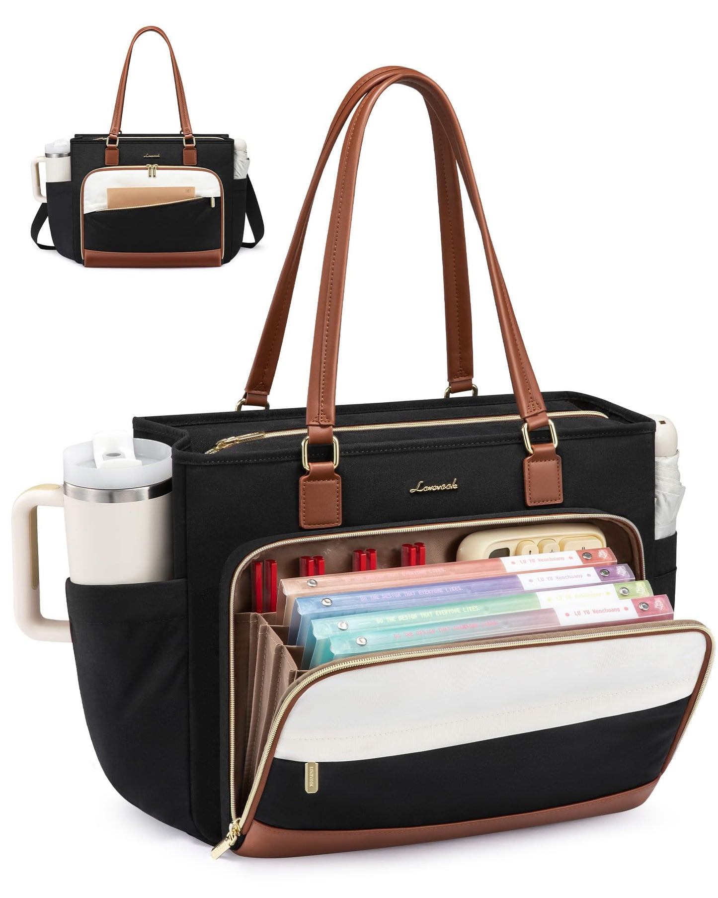 LOVEVOOK Teacher Tote Bag, 15.6 Inch Laptop Bag with Accordion File Organizer & Large Cup Holder, Professional Waterproof Nurse Work Tote Bag for Office & Business, Black-Beige-Brown